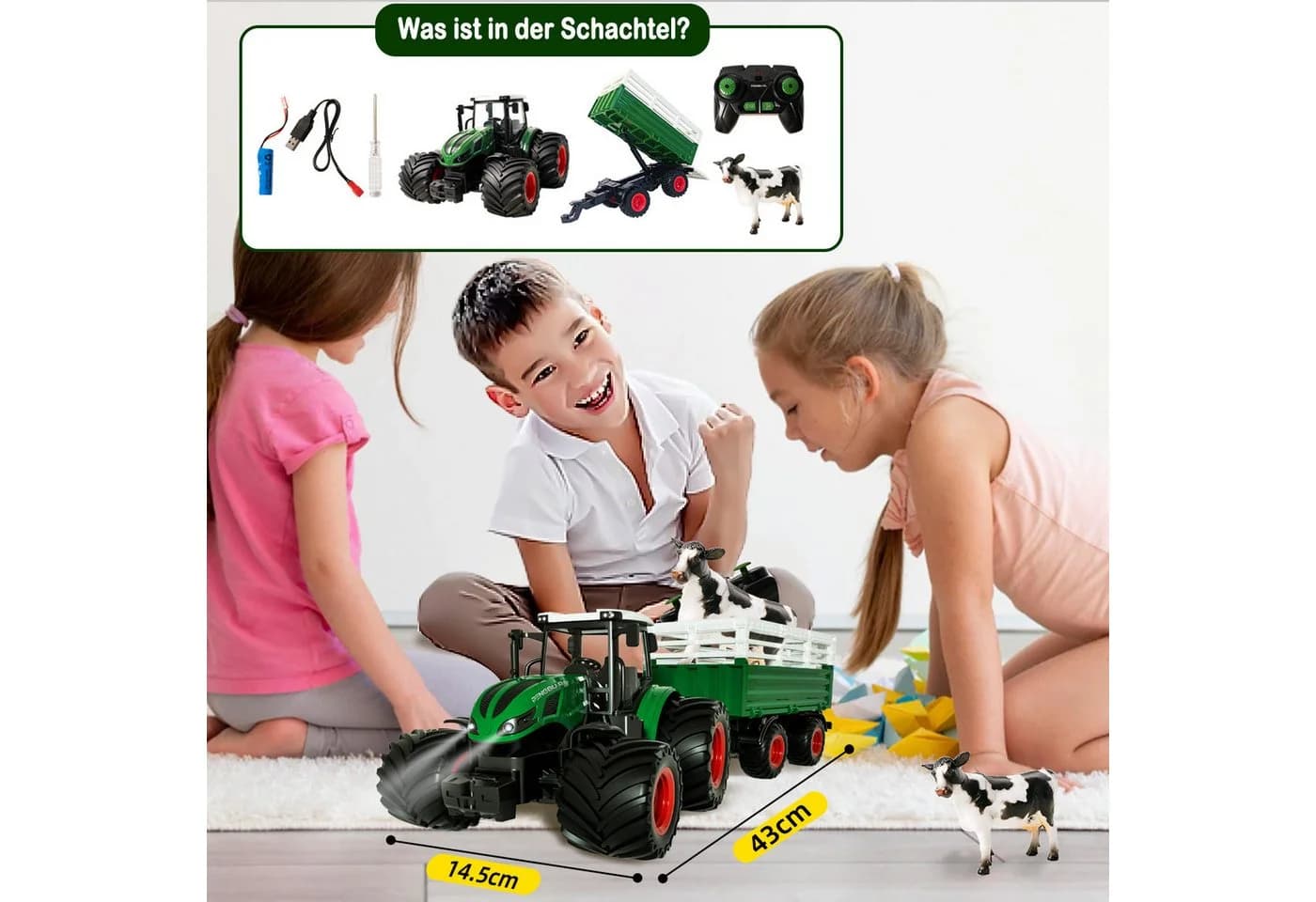Esun RC-Traktor Ferngesteuert Grün mit Anhänger und Licht - Bild 4