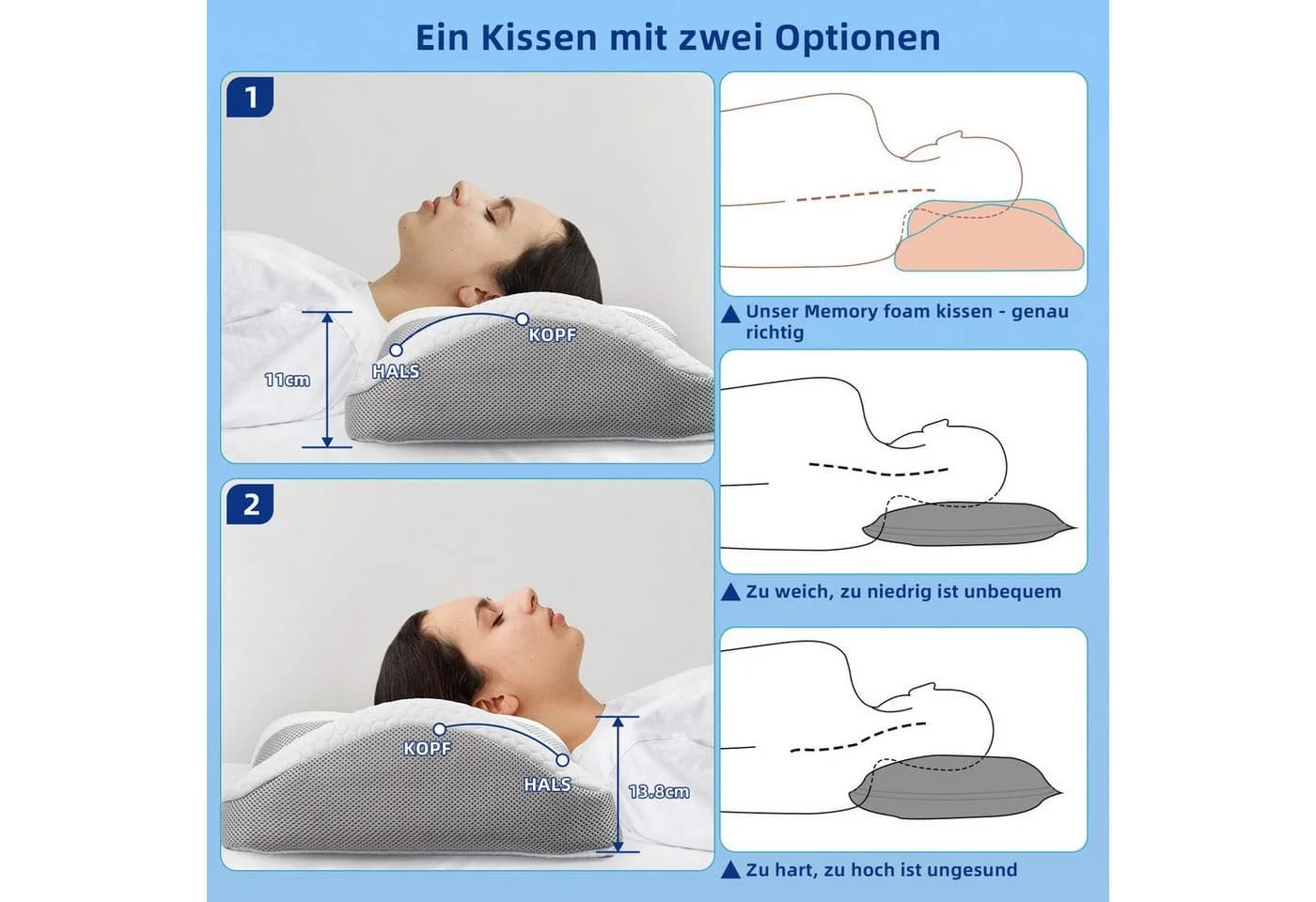 Esun Memory Foam Nackenkissen 2 Höhen 11/14 cm Blau - Bild 3