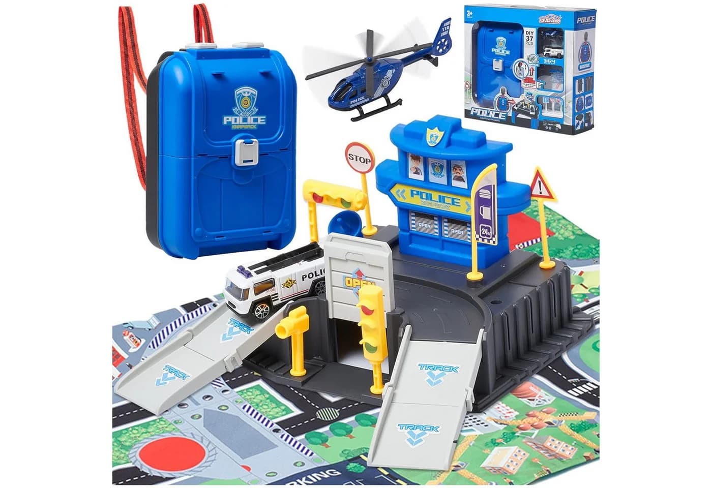 Esun Spiel-Feuerwehrwache Parkhaus Set Tragbar Rucksack Design Blau - Bild 2