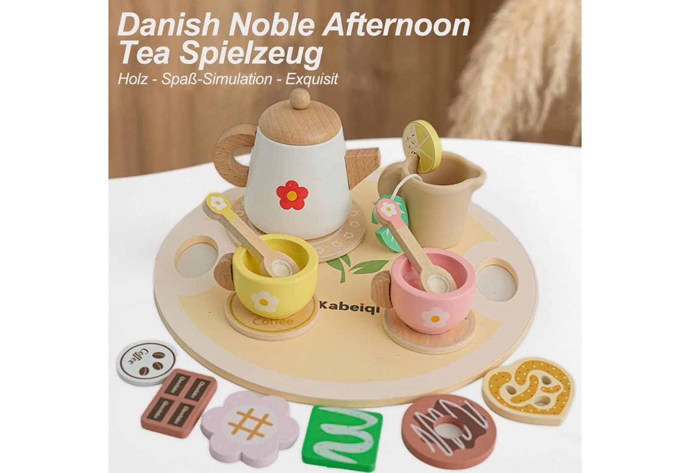 Esun Spielküche Tee Service Set Kinder Holz, 20-teiliges Teeset