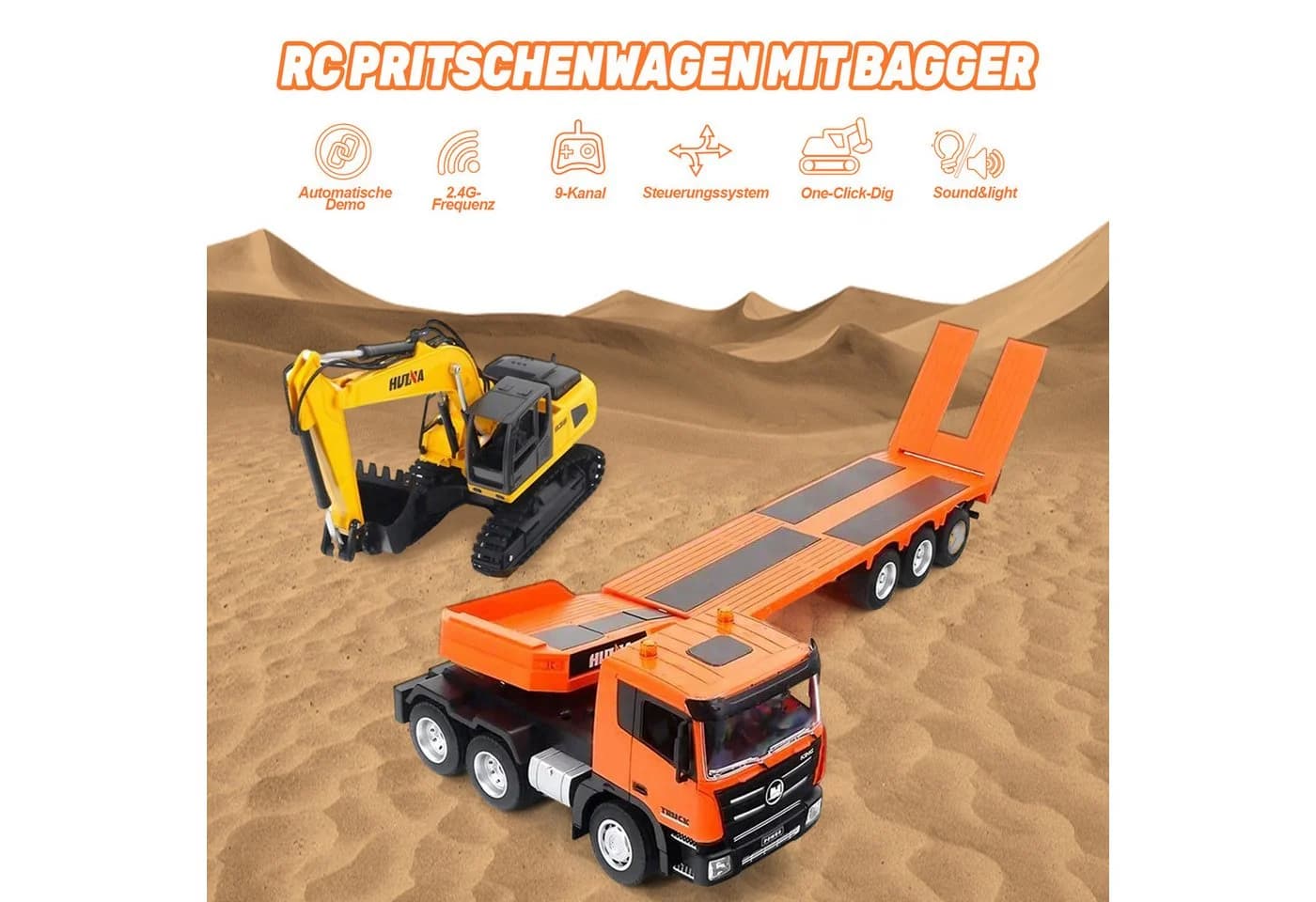 Esun RC-Truck Set 1:18 Ferngesteuerter LKW mit Bagger, 2.4GHz, Orange - Bild 4