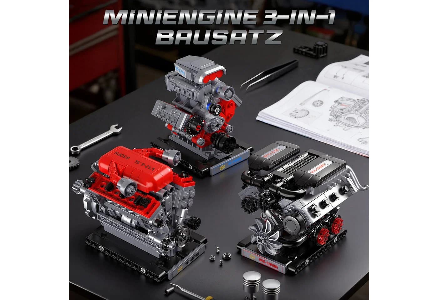 Esun 3 in 1 Mini Motor Bausatz Technik V8 V12 W16 Engine Klemmbausteine