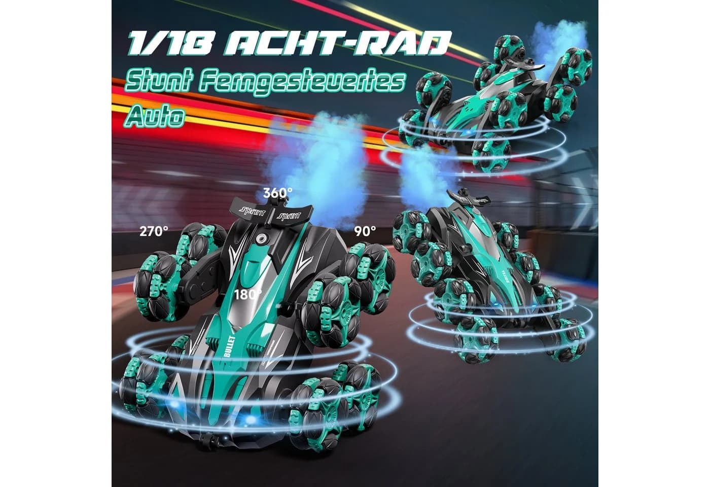 Esun RC-Auto Ferngesteuert Grün 1:16 Stunt Car mit Sprühnebel & LED