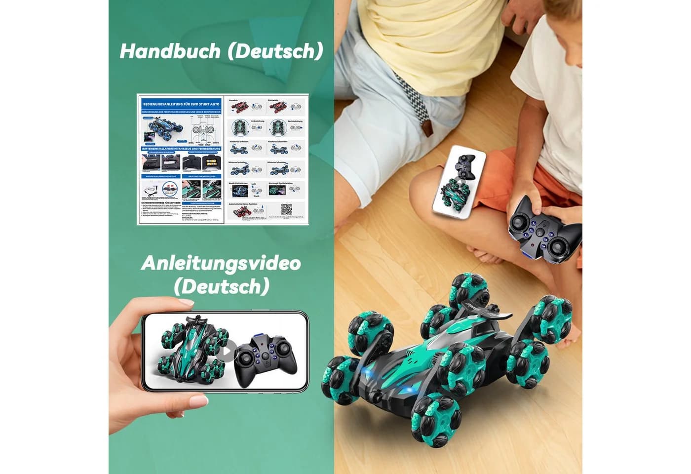 Esun RC-Auto Ferngesteuert Grün 1:16 Stunt Car mit Sprühnebel & LED - Bild 4