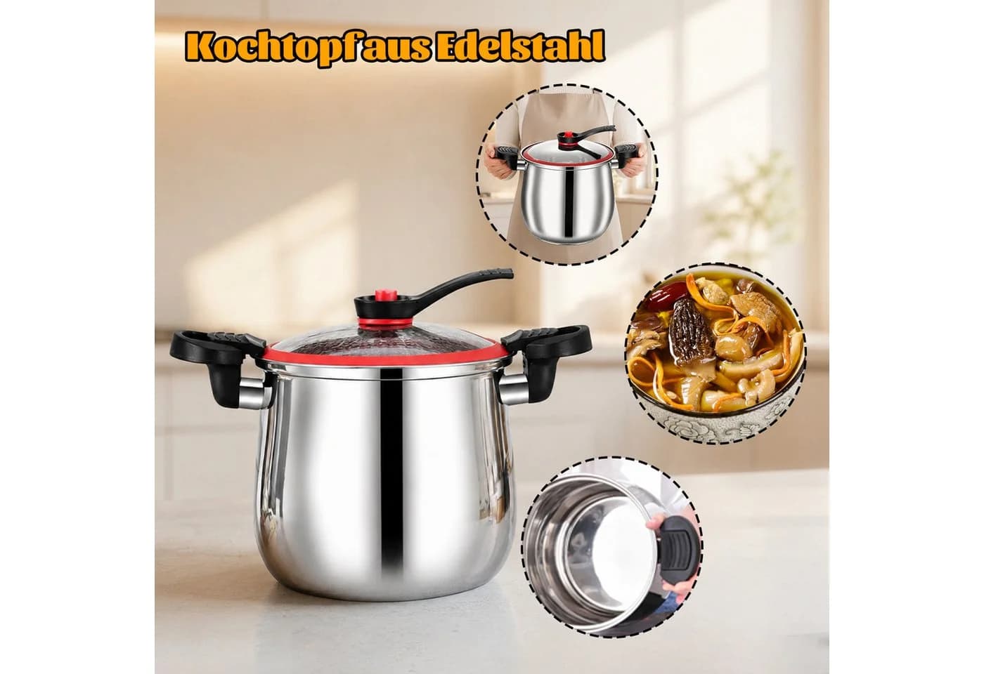 Esun Schnellkochtopf Edelstahl 6L mit Glasdeckel Induktion