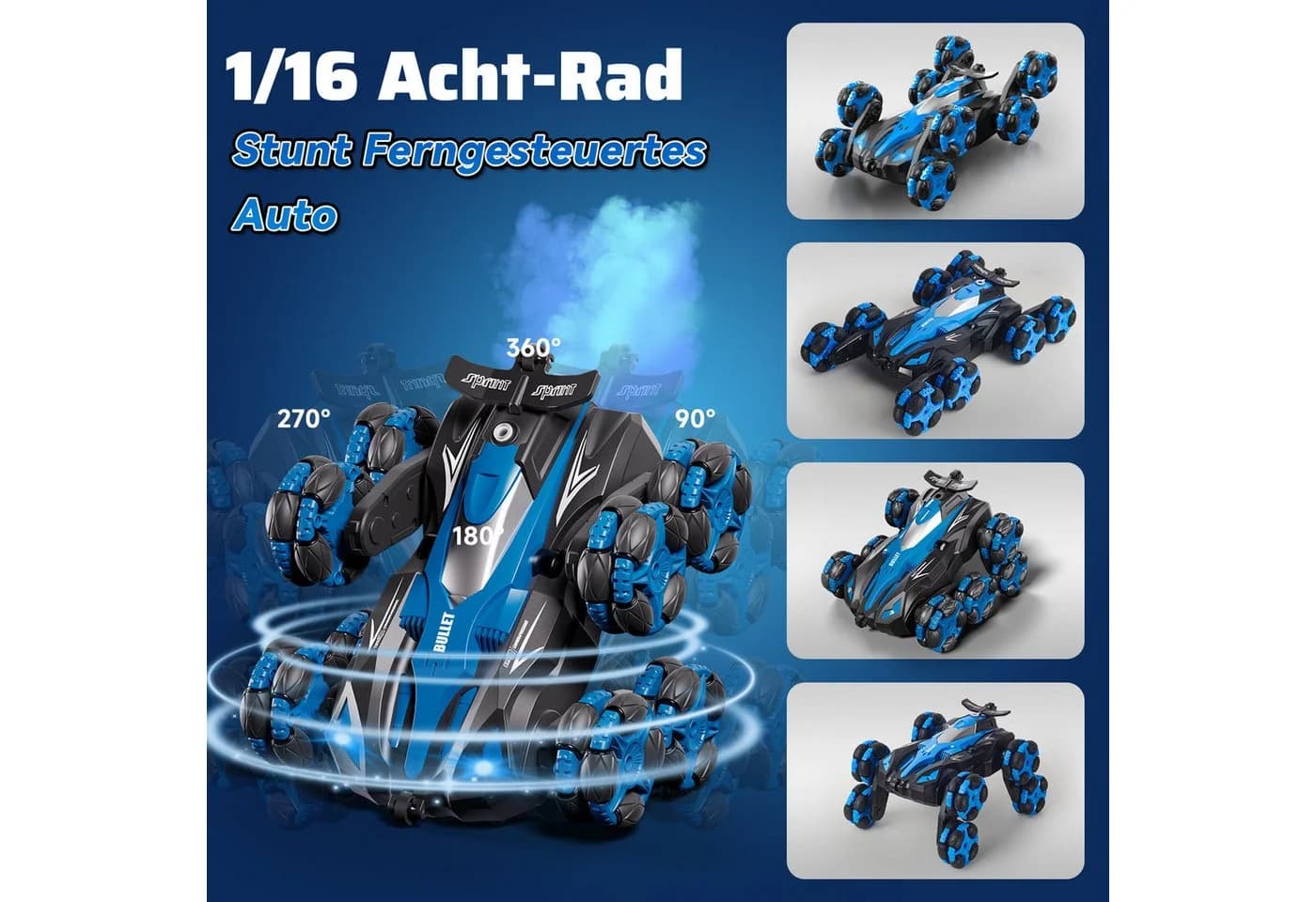 Esun RC-Auto Ferngesteuert 1:16 Stunt Car mit Sprühnebel & LED blau