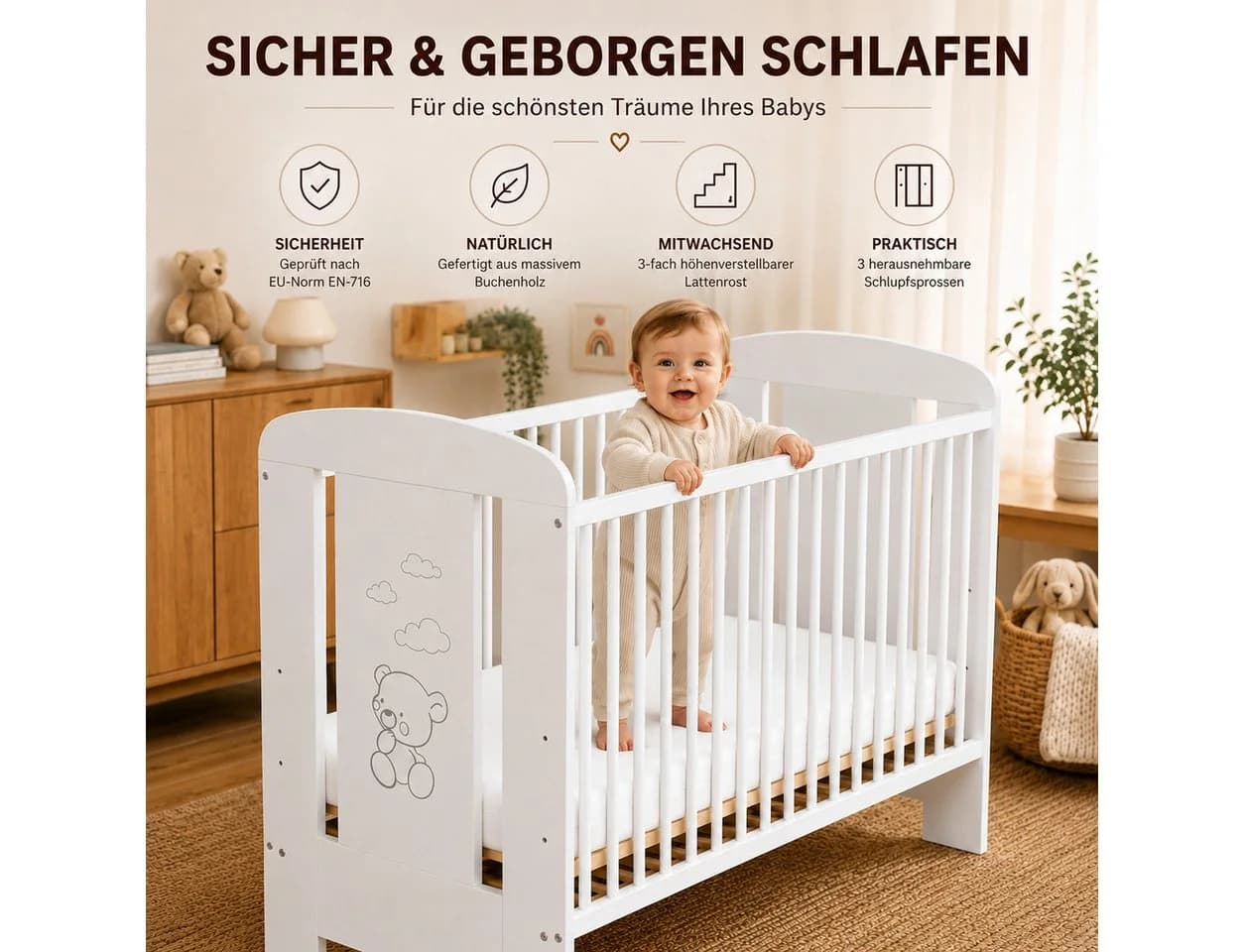 Best for Kids Babybett 120x60 cm Buchenholz Weiß