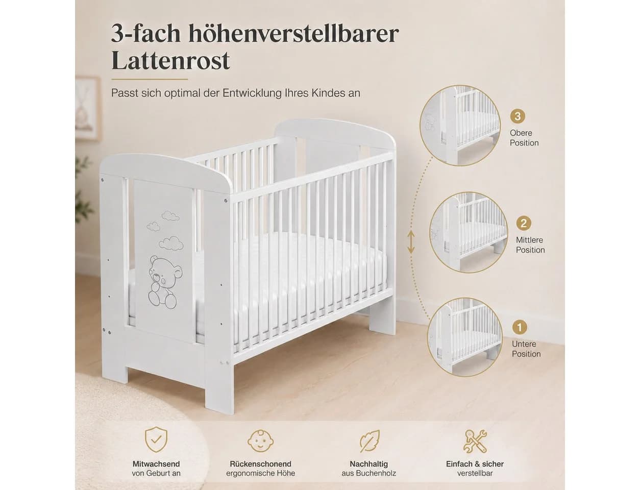 Best for Kids Babybett 120x60 cm Buchenholz Weiß - Bild 3