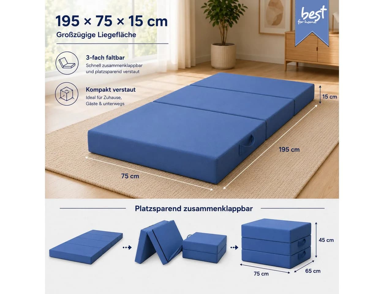 Best for You Klappmatratze 15 cm mit Visco H3 – Blau/Grau - Bild 3