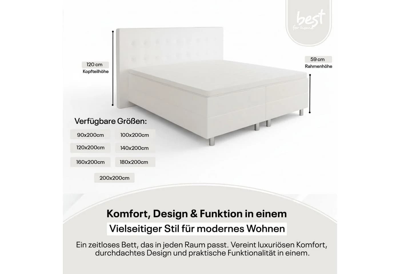 Best for Home Boxspringbett NEO mit Bonellfederkern & 5 cm Topper - Schwarz/Weiß - Bild 4