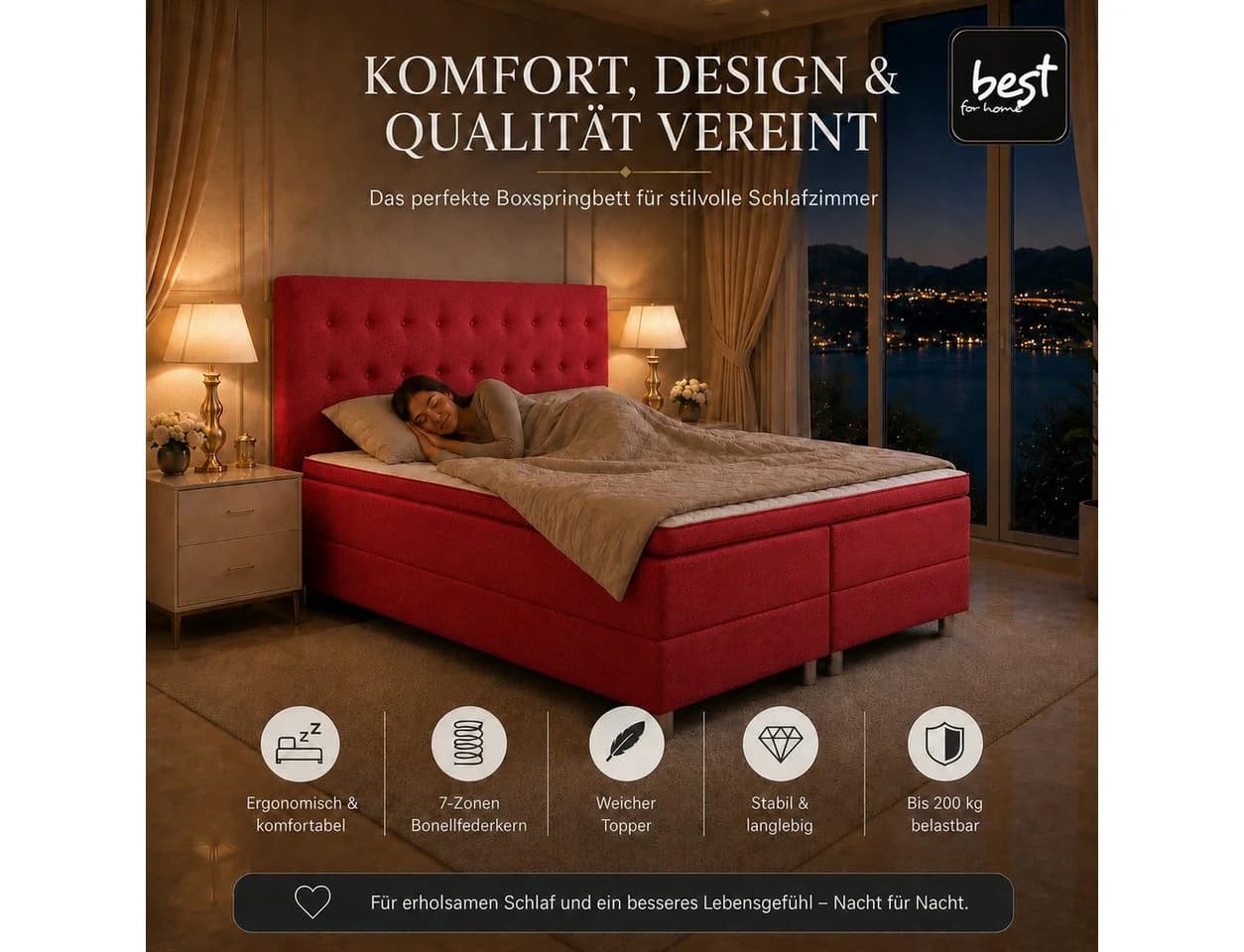 Best for Home Boxspringbett NEO Schwarz mit Bonellfederkern & Topper