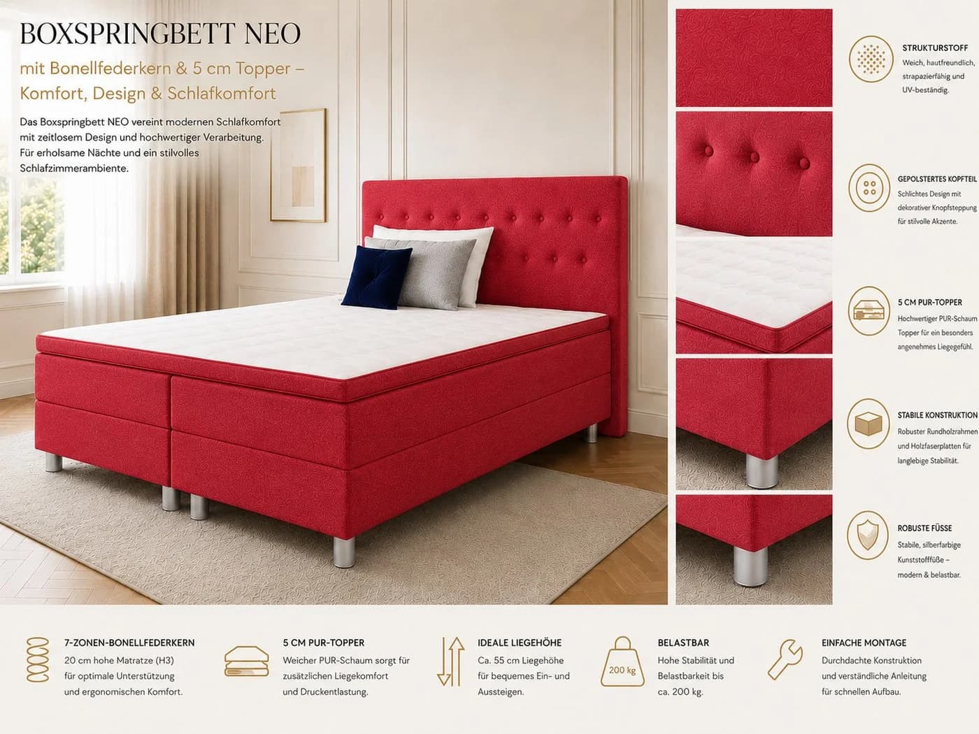 Best for Home Boxspringbett NEO Schwarz mit Bonellfederkern & Topper - Bild 3