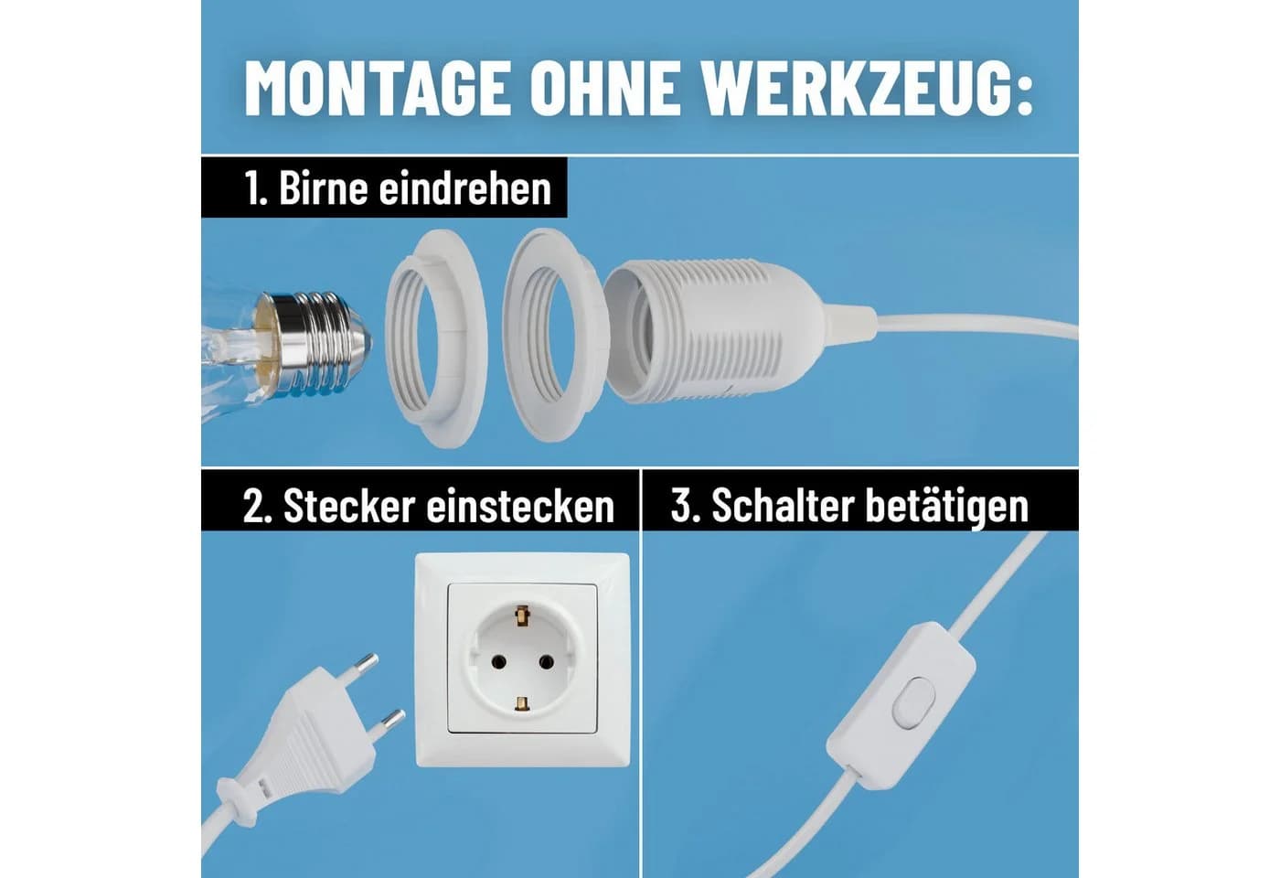 greate. Lampenfassung E27 mit Stecker, Kabel & Schalter, 5 m, max. 60W 250V - Bild 4
