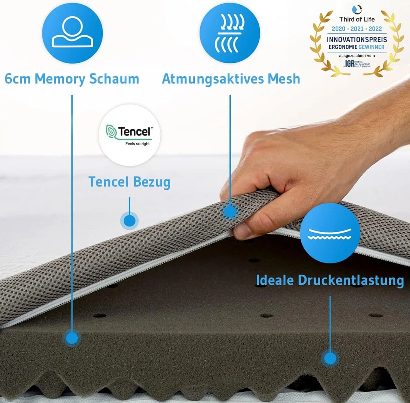 Third of Life Matratzen-Topper EcoON Memory-Schaum Tencel Bezug