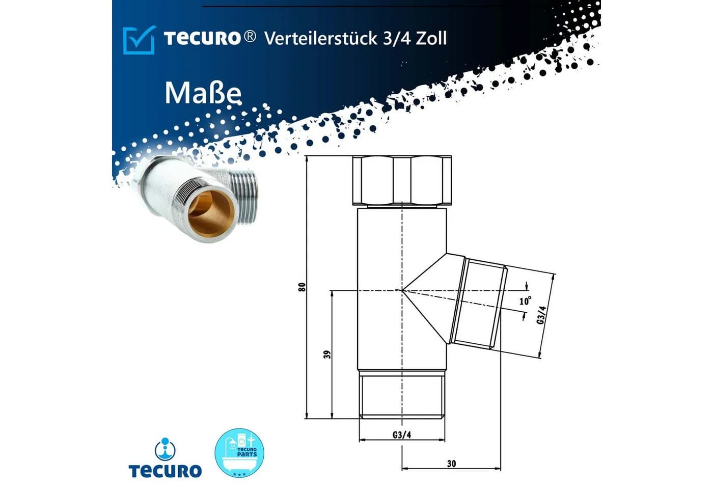 tecuro Schlauch Verteilerstück 3/4 Zoll für Geräte, MS-verchromt - Bild 3