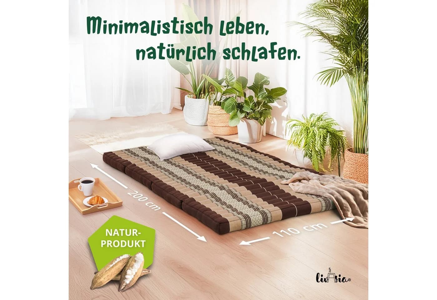 livasia Klappmatratze Faltmatratze 110 cm breit Kapok vegan handgefertigt