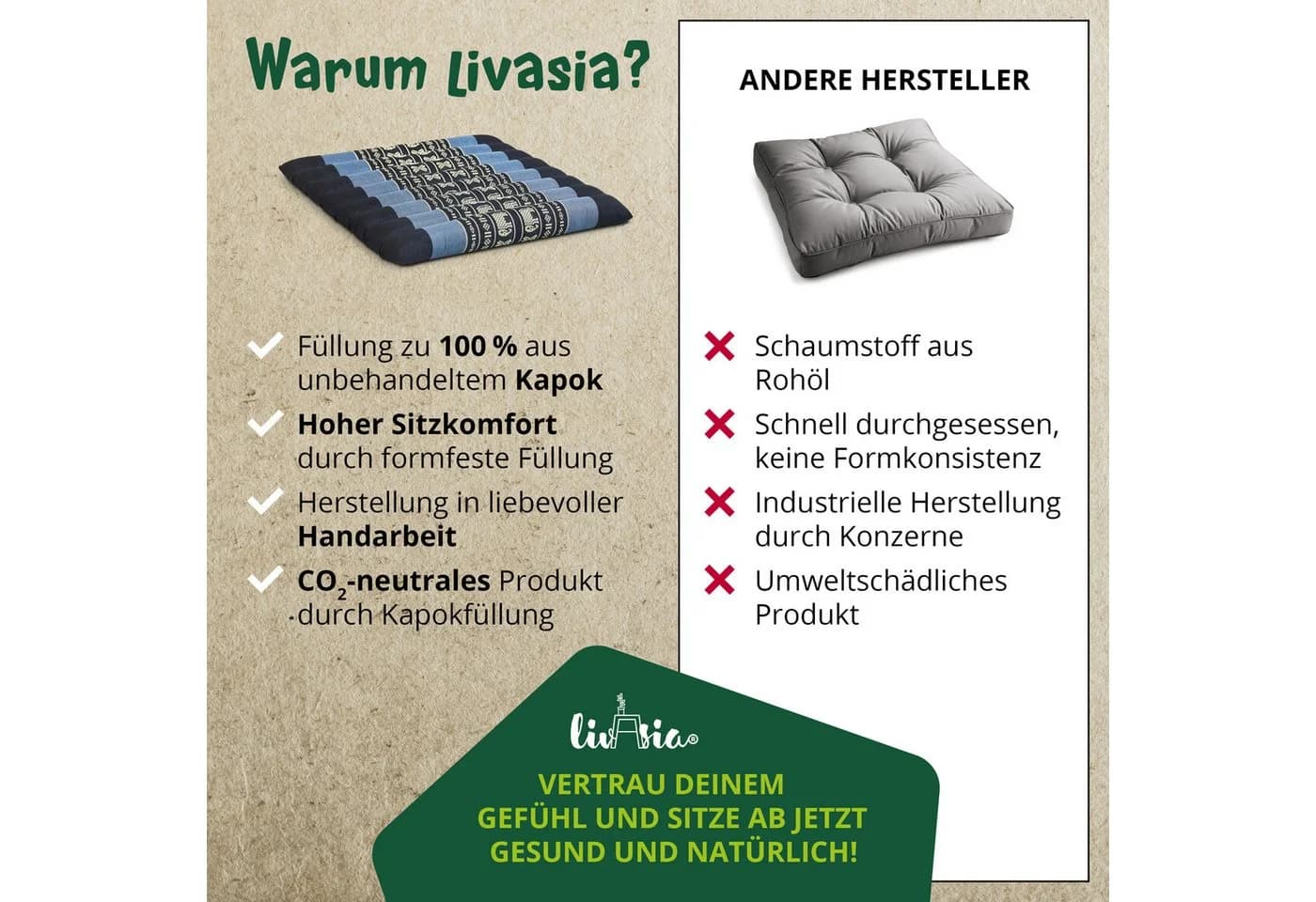 livasia Sitzkissen Steppkissen 35 cm Blau Vegan Handgefertigt - Bild 5