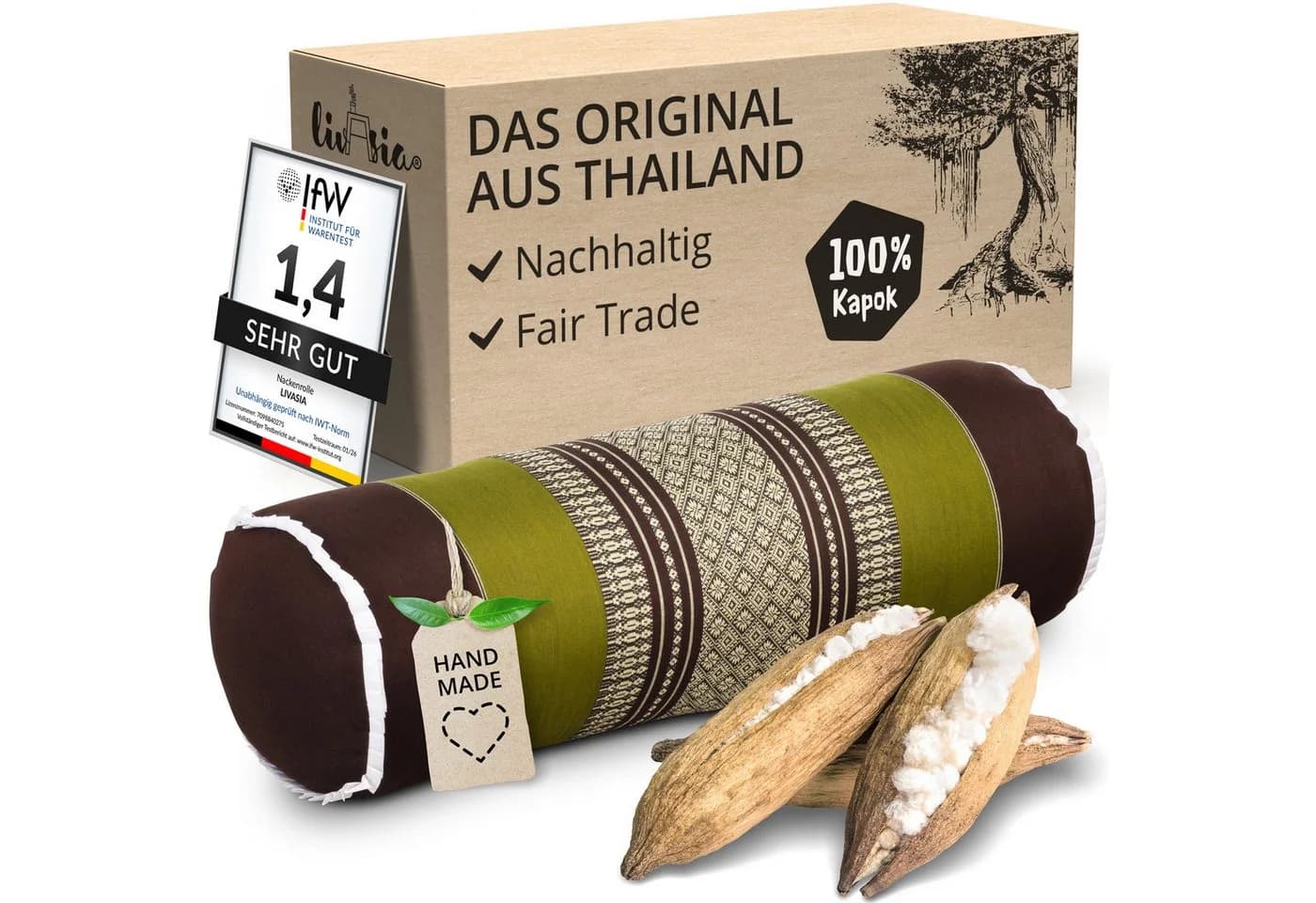 livasia Nackenrolle Braun/Grün Vegan Kapok Handgefertigt - Bild 2