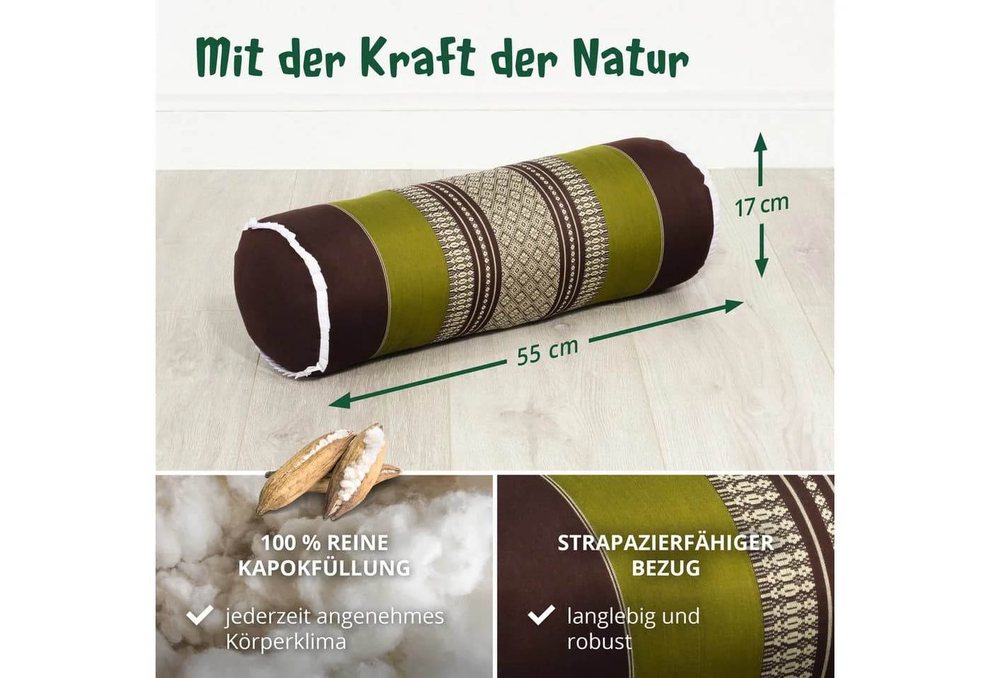 livasia Nackenrolle Braun/Grün Vegan Kapok Handgefertigt - Bild 4