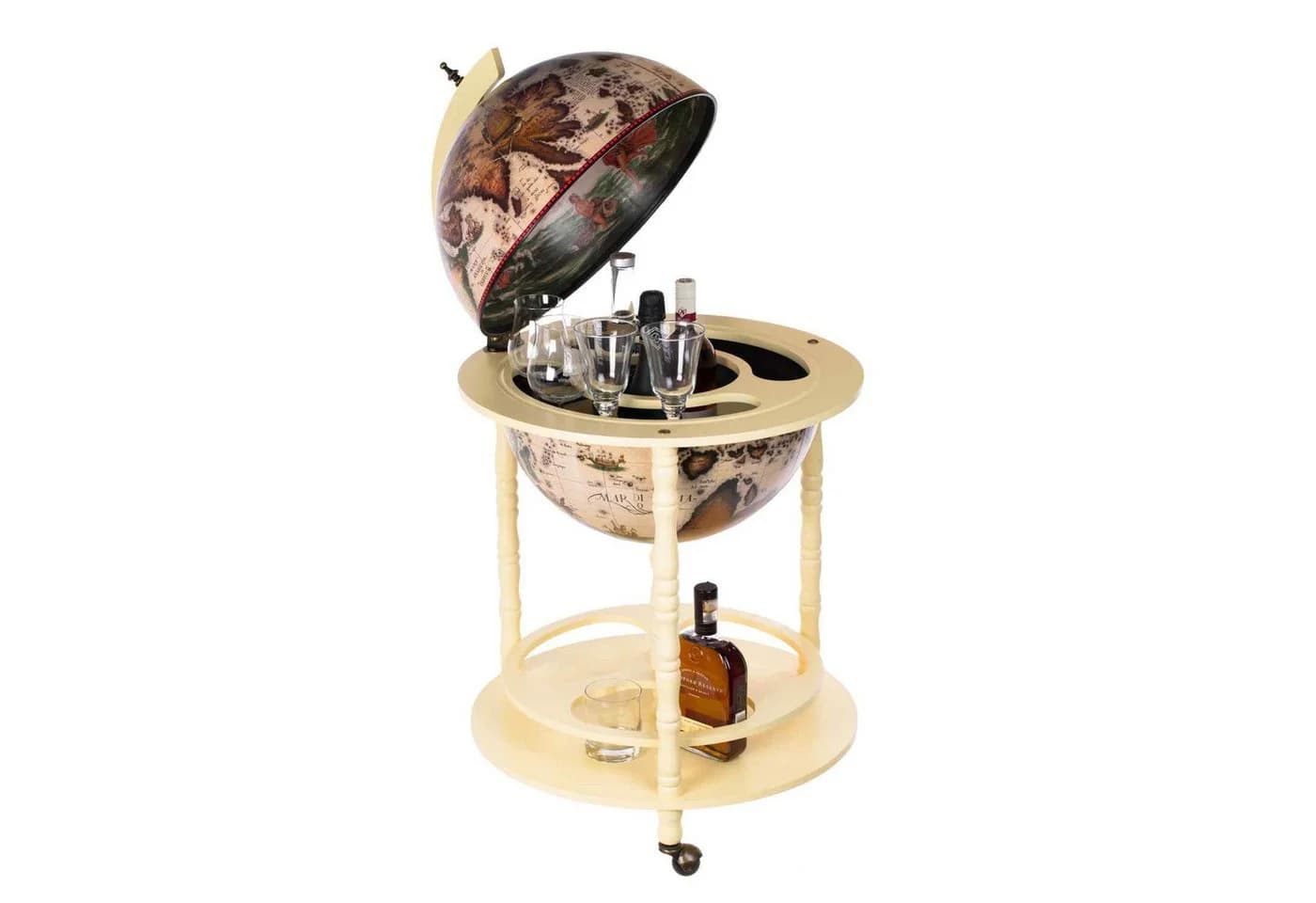 BIRENDY Globus Barwagen Hausbar mit Rollen Eukalyptusholz Schwarz/Weiß - Bild 3