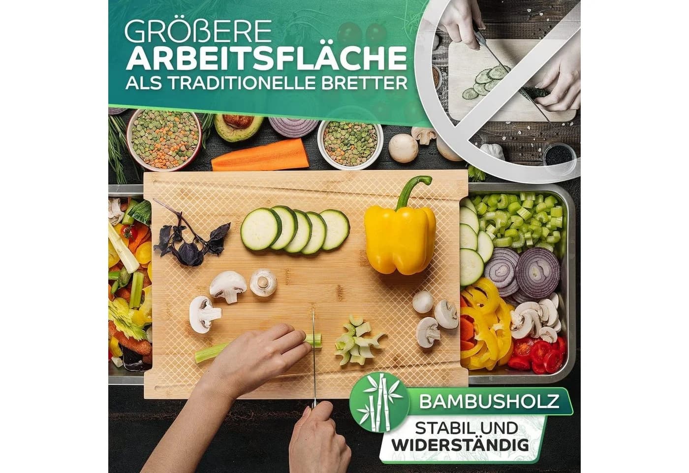 Loco Bird Schneidebrett Bambus mit Edelstahlschalen