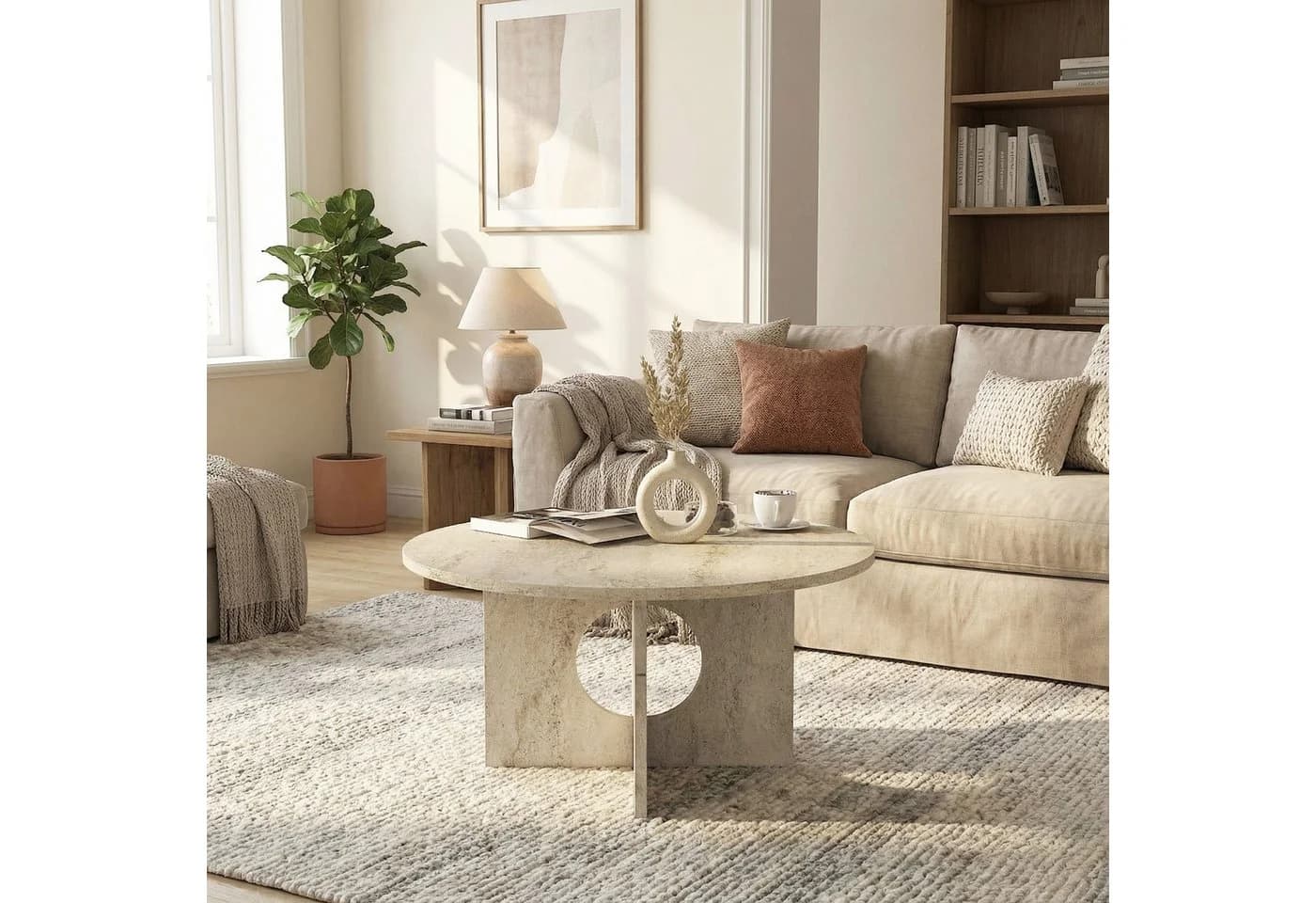 moebel17 Couchtisch Enigma Beige Travertin Optik Ø 75 cm
