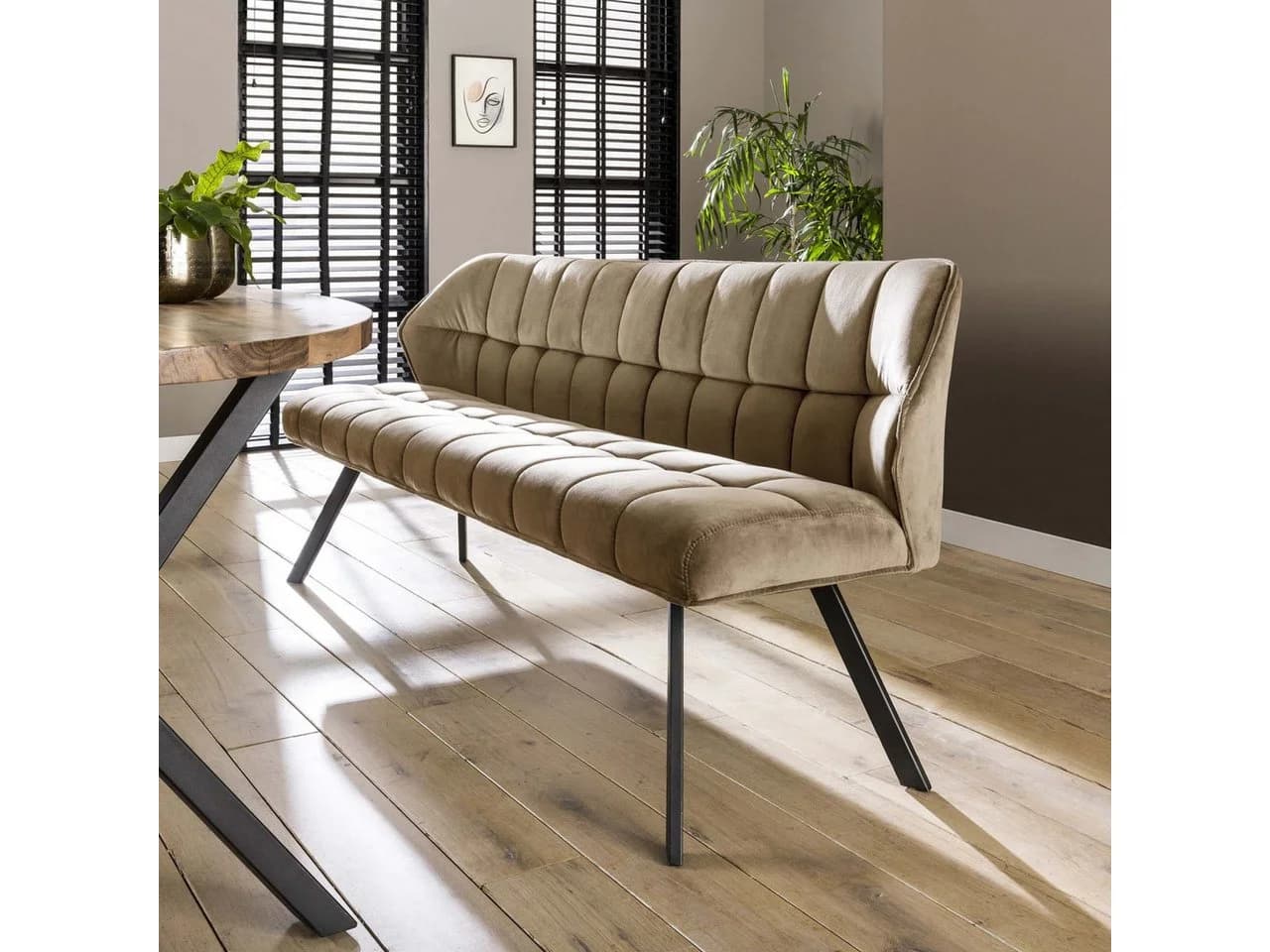 Vintagehaus Esstischbank Raster Set mit 2 Stühlen Grau Samt Metall