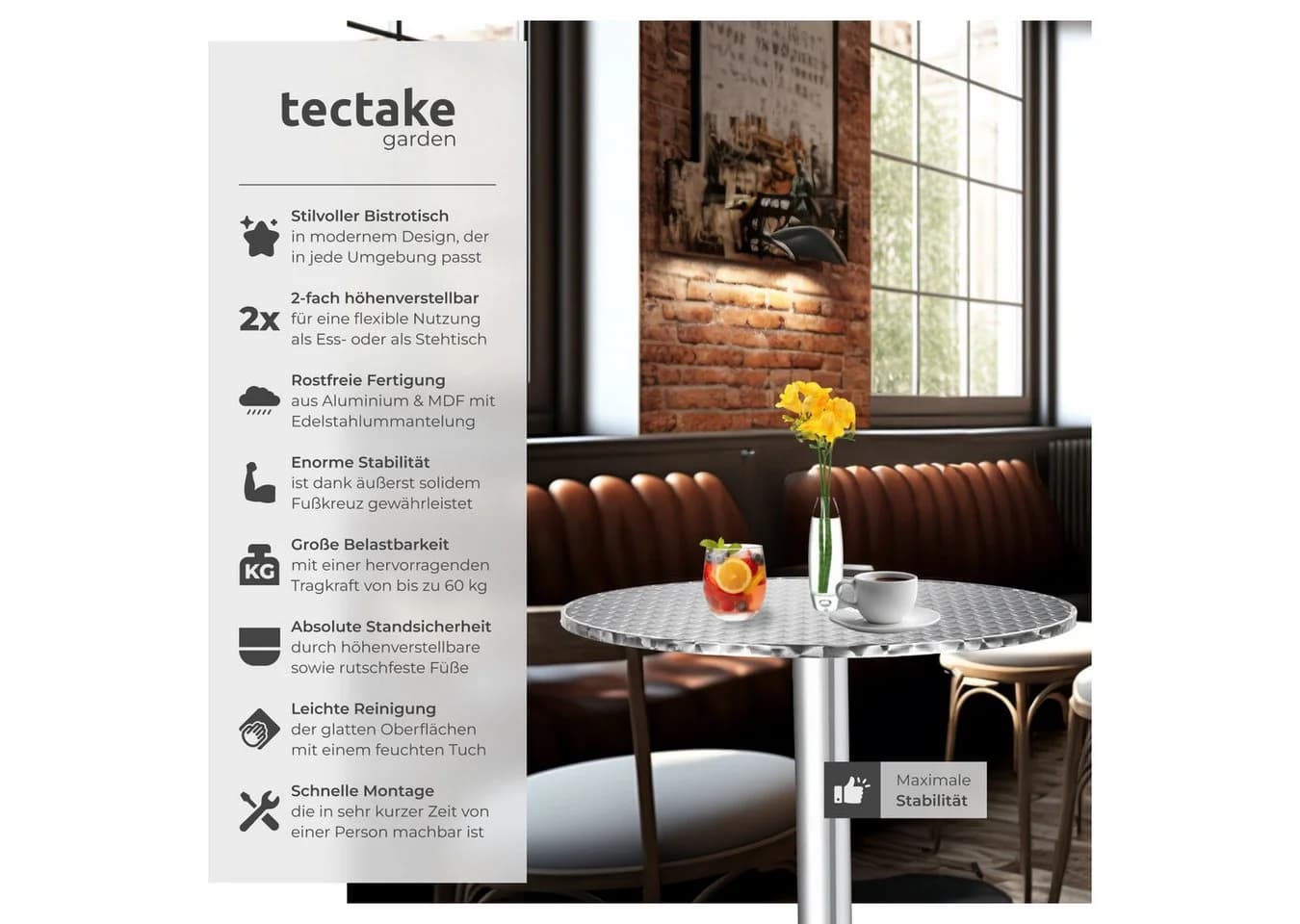tectake Bistrotisch Aluminium Klappbar Höhenverstellbar Silber - Bild 2