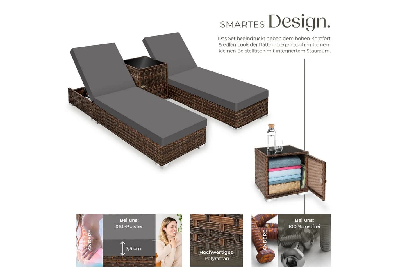 TECTAKE Gartenliege Rattan Sonnenliege Braun mit 2 Bezugssets - Bild 4
