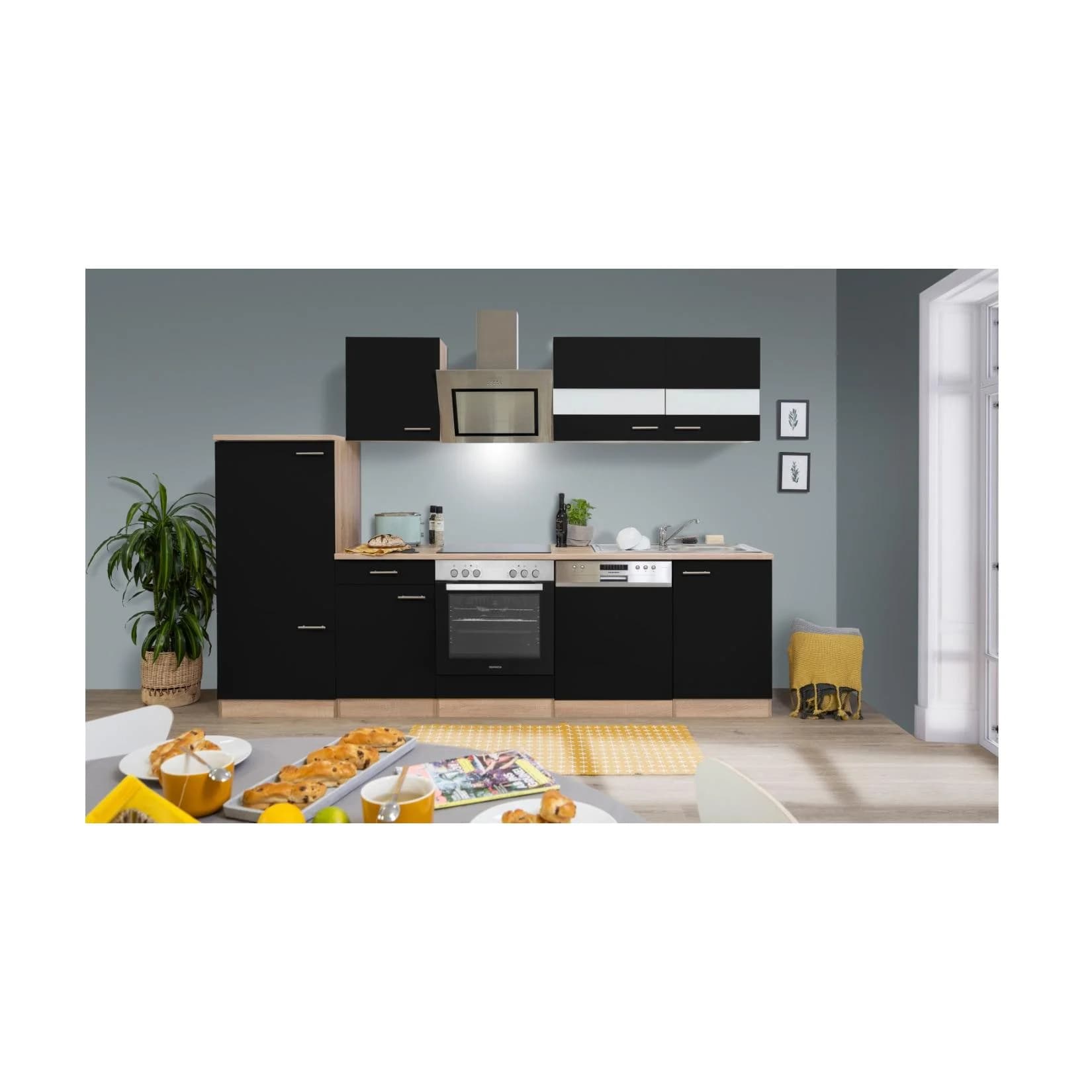 Respekta Küchenzeile 280 cm mit Kühlschrank und Geschirrspüler Schwarz