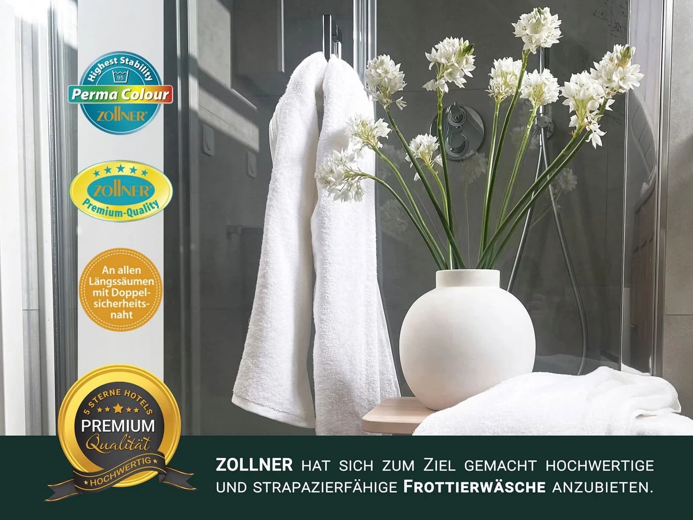 ZOLLNER Duschtücher 3er Set Walkfrottier 100% Baumwolle Weiß - Bild 4