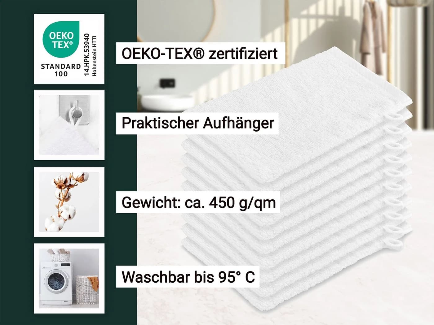 ZOLLNER Waschlappen 10er Pack 100% Baumwolle Weiß - Bild 3