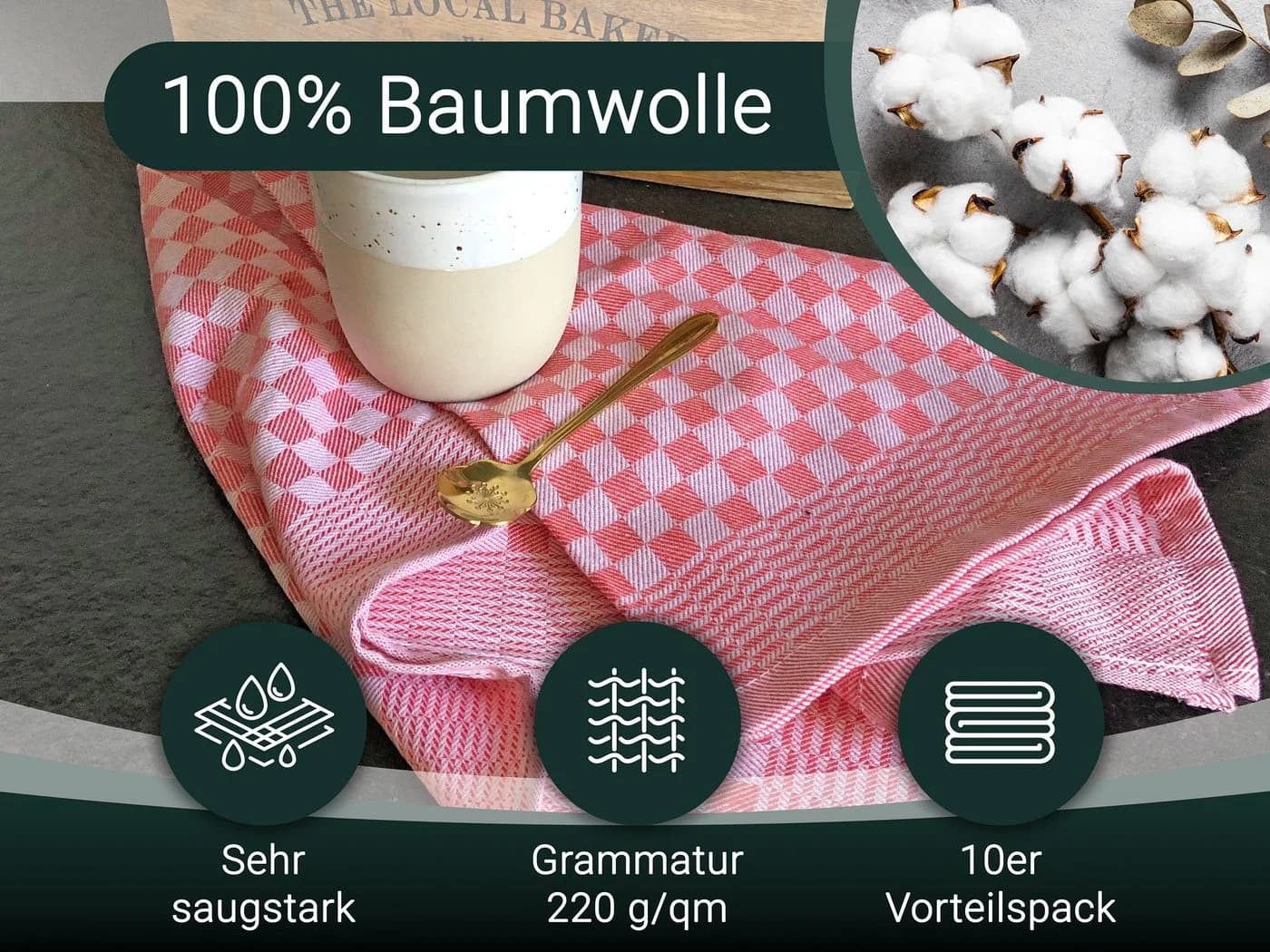 ZOLLNER Geschirrtuch 10-tlg. Spar-Set 46x70 cm 100% Baumwolle rot - Bild 5
