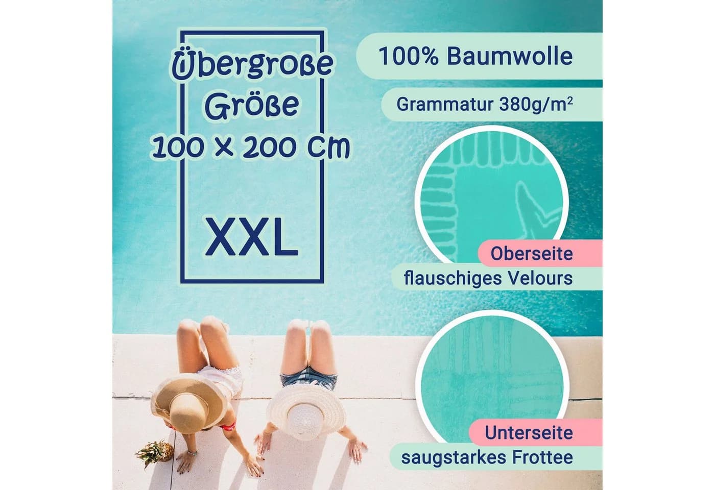 ZOLLNER Strandtuch Frottier 100% Baumwolle Velours Aqua - Bild 3