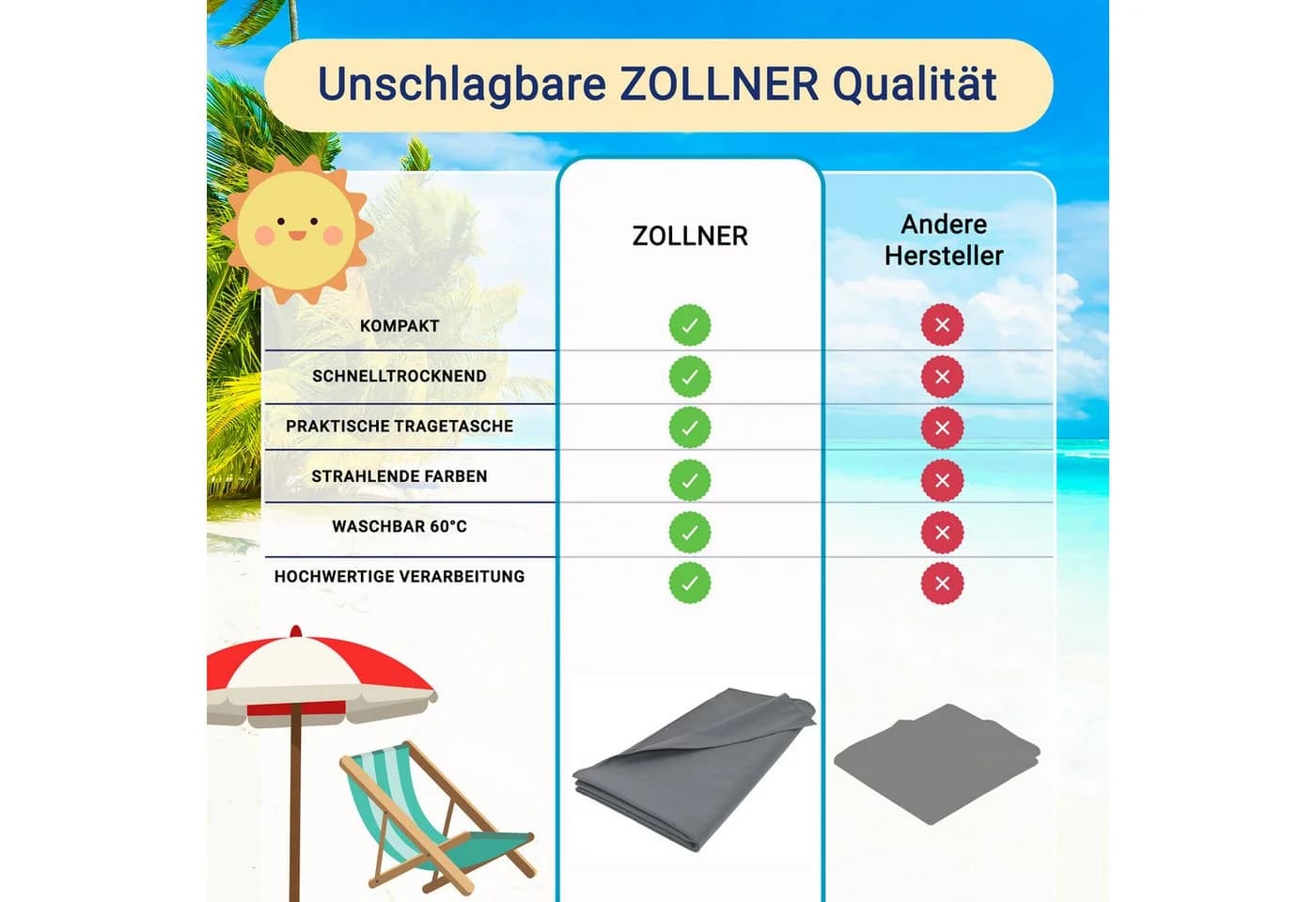 ZOLLNER Strandtuch Mikrofaser Grau Schnelltrocknend - Bild 3