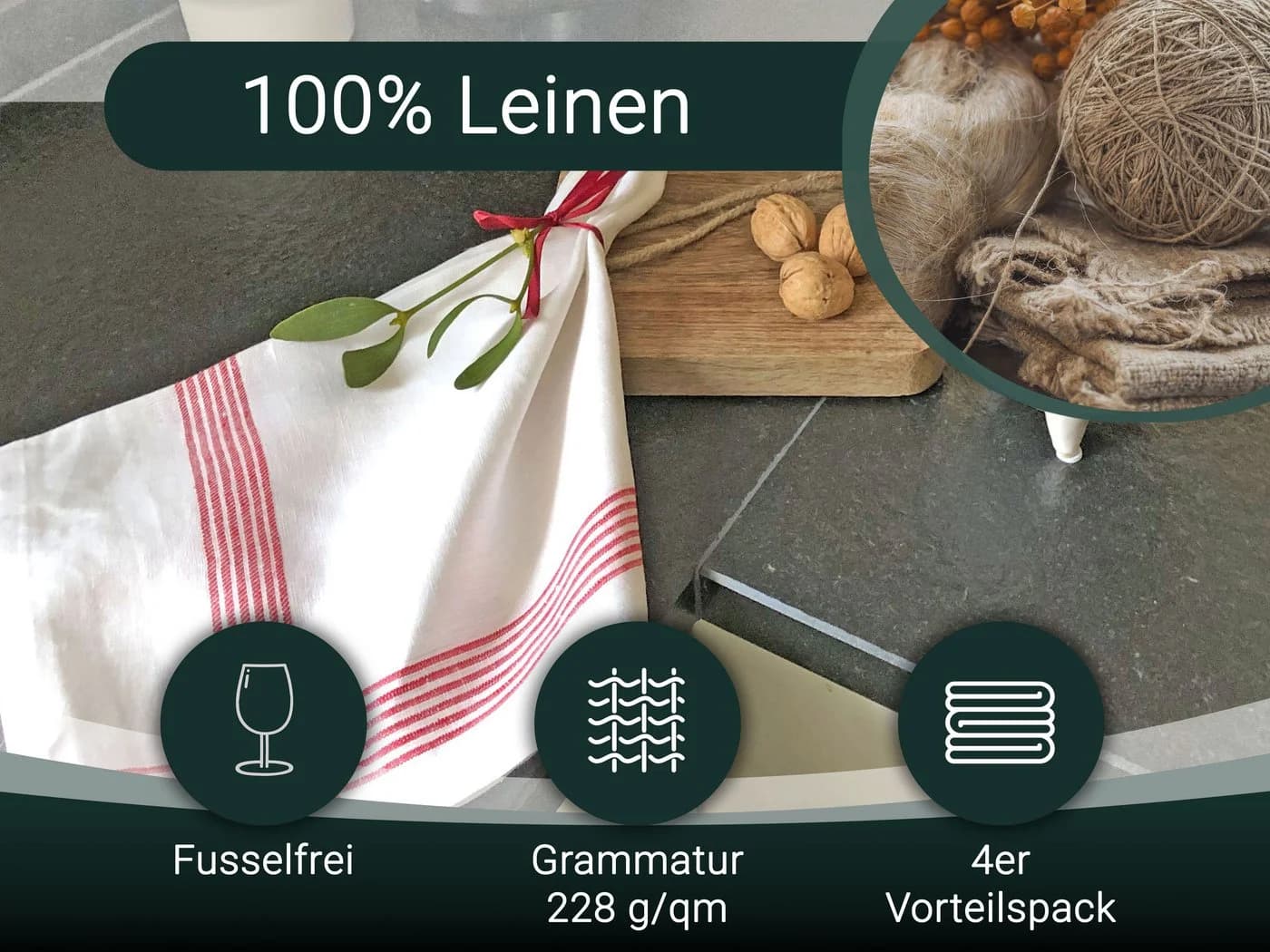 ZOLLNER Geschirrtuch 4-tlg. 100% Leinen Weiß-Rot - Bild 4