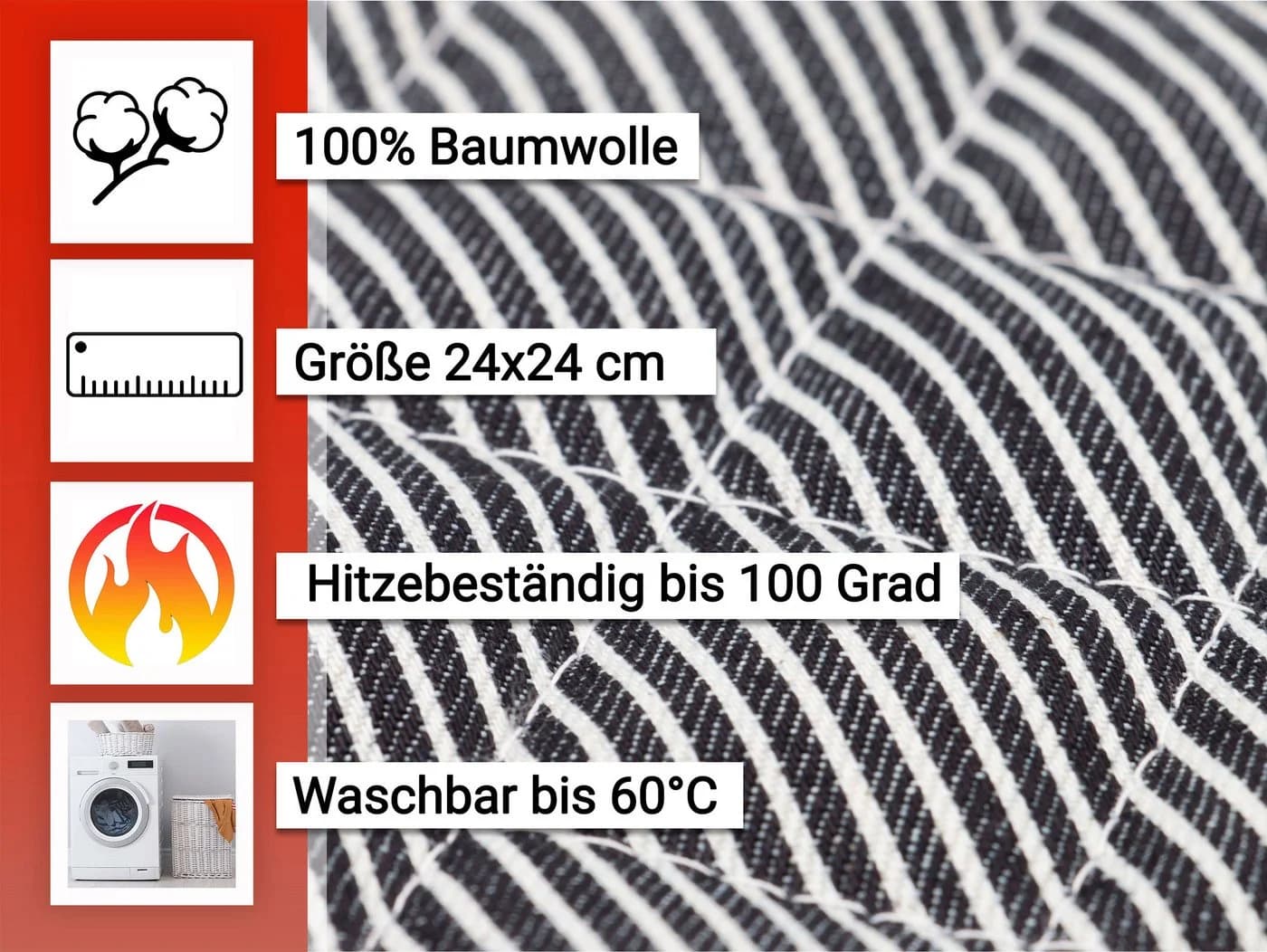 ZOLLNER Topflappen Set 2-tlg. Baumwolle Schwarz/Weiß/Grau