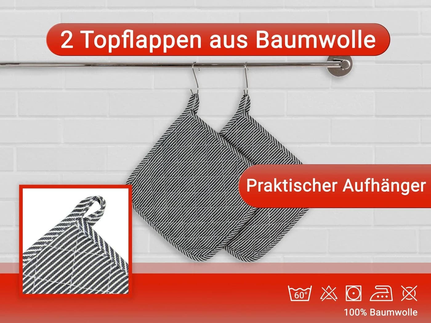 ZOLLNER Topflappen Set 2-tlg. Baumwolle Schwarz/Weiß/Grau - Bild 3
