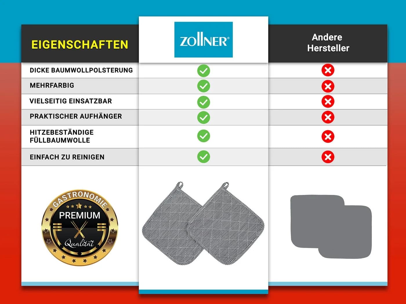 ZOLLNER Topflappen Set 2-tlg. Baumwolle Schwarz/Weiß/Grau - Bild 5