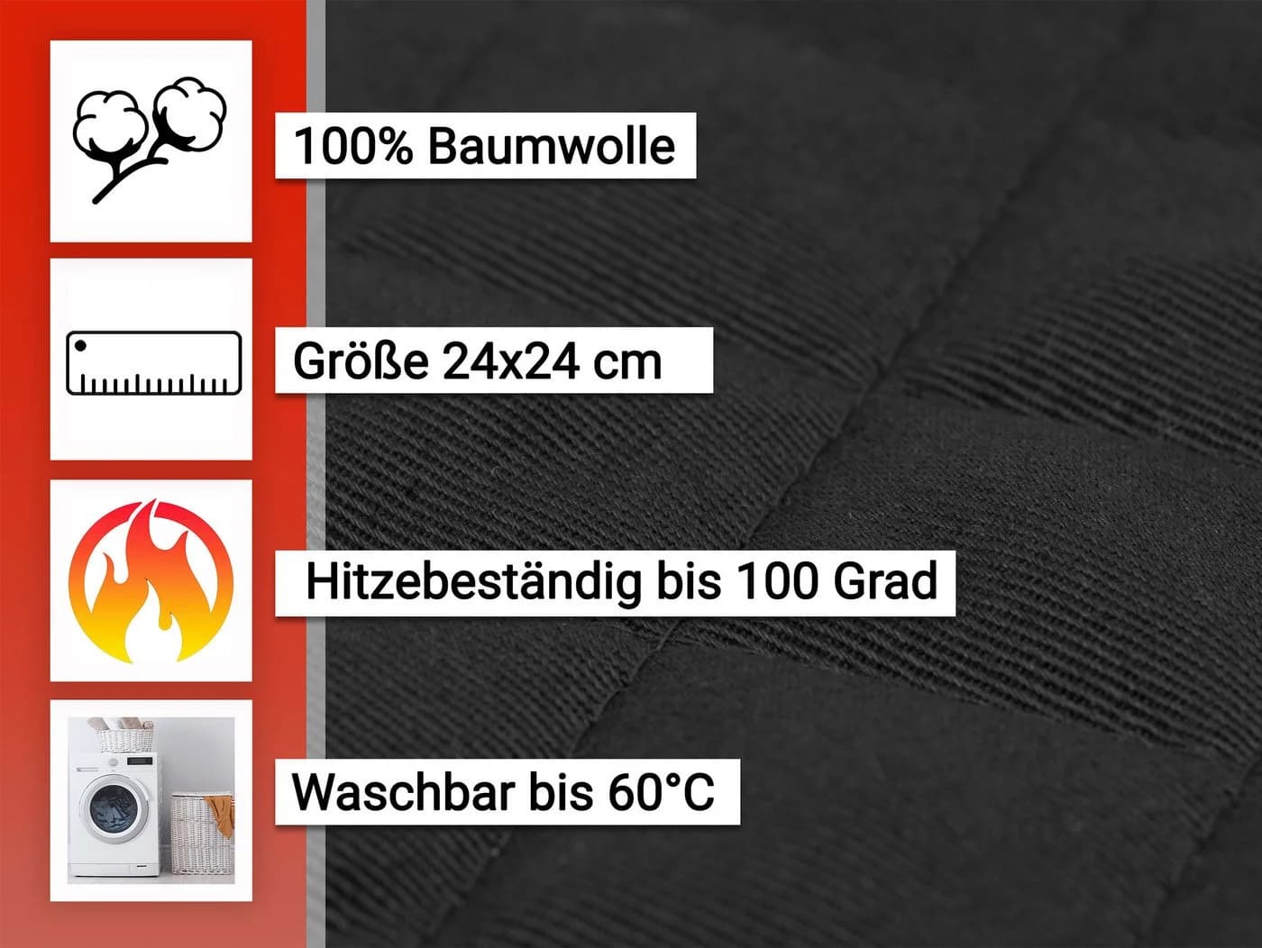 ZOLLNER Topflappen Set 2-tlg. Schwarz 100% Baumwolle