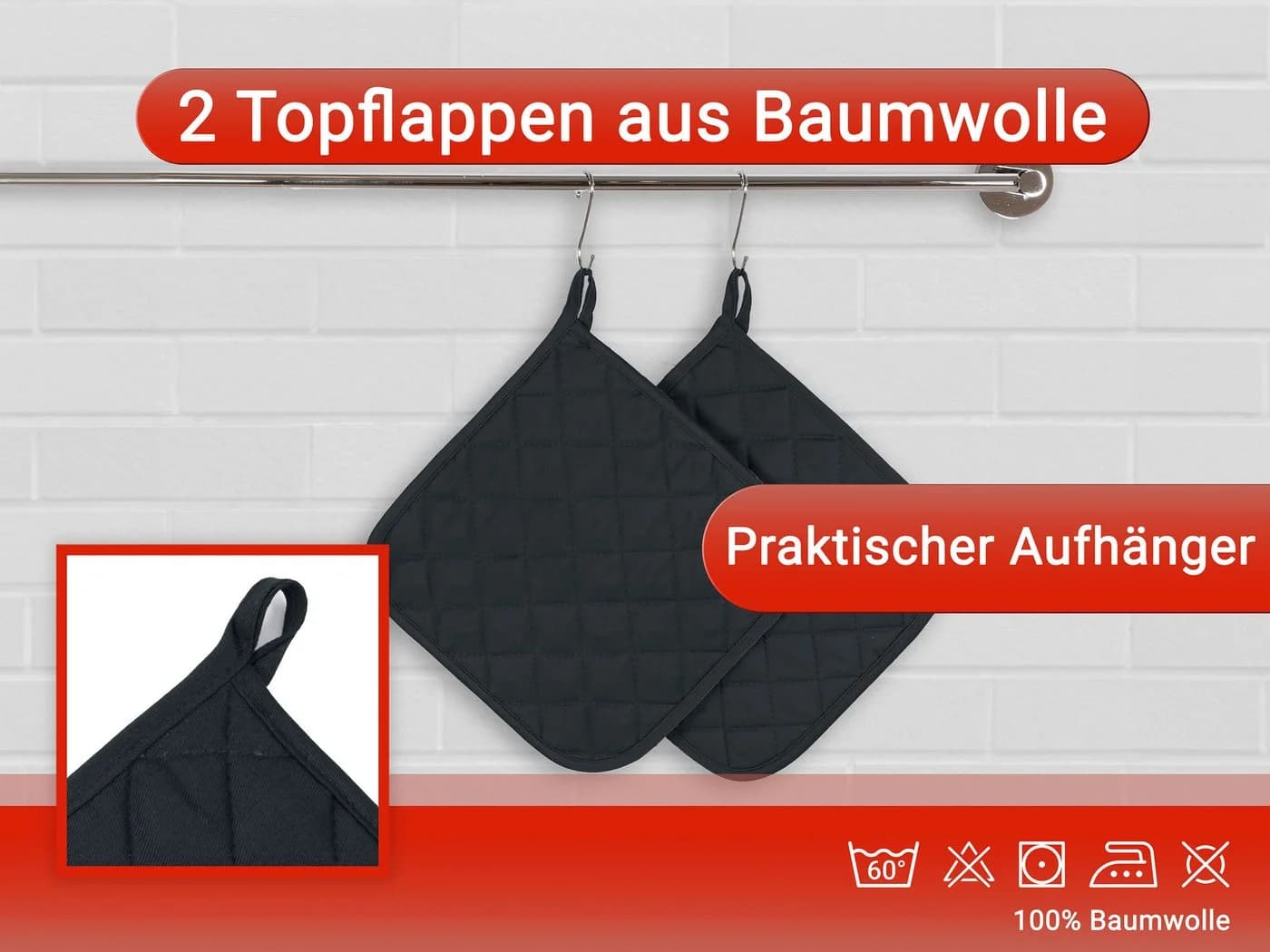 ZOLLNER Topflappen Set 2-tlg. Schwarz 100% Baumwolle - Bild 3