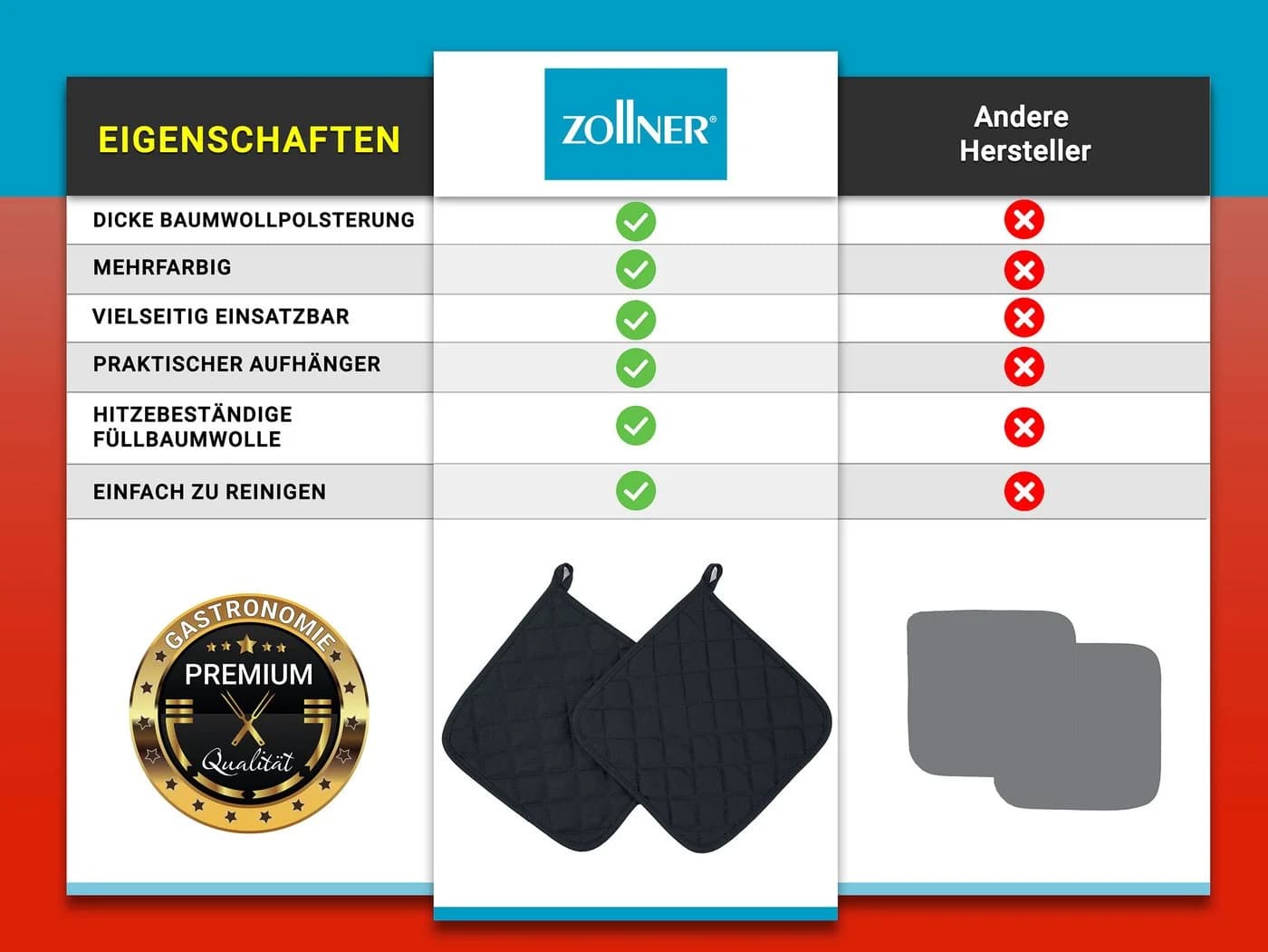 ZOLLNER Topflappen Set 2-tlg. Schwarz 100% Baumwolle - Bild 5