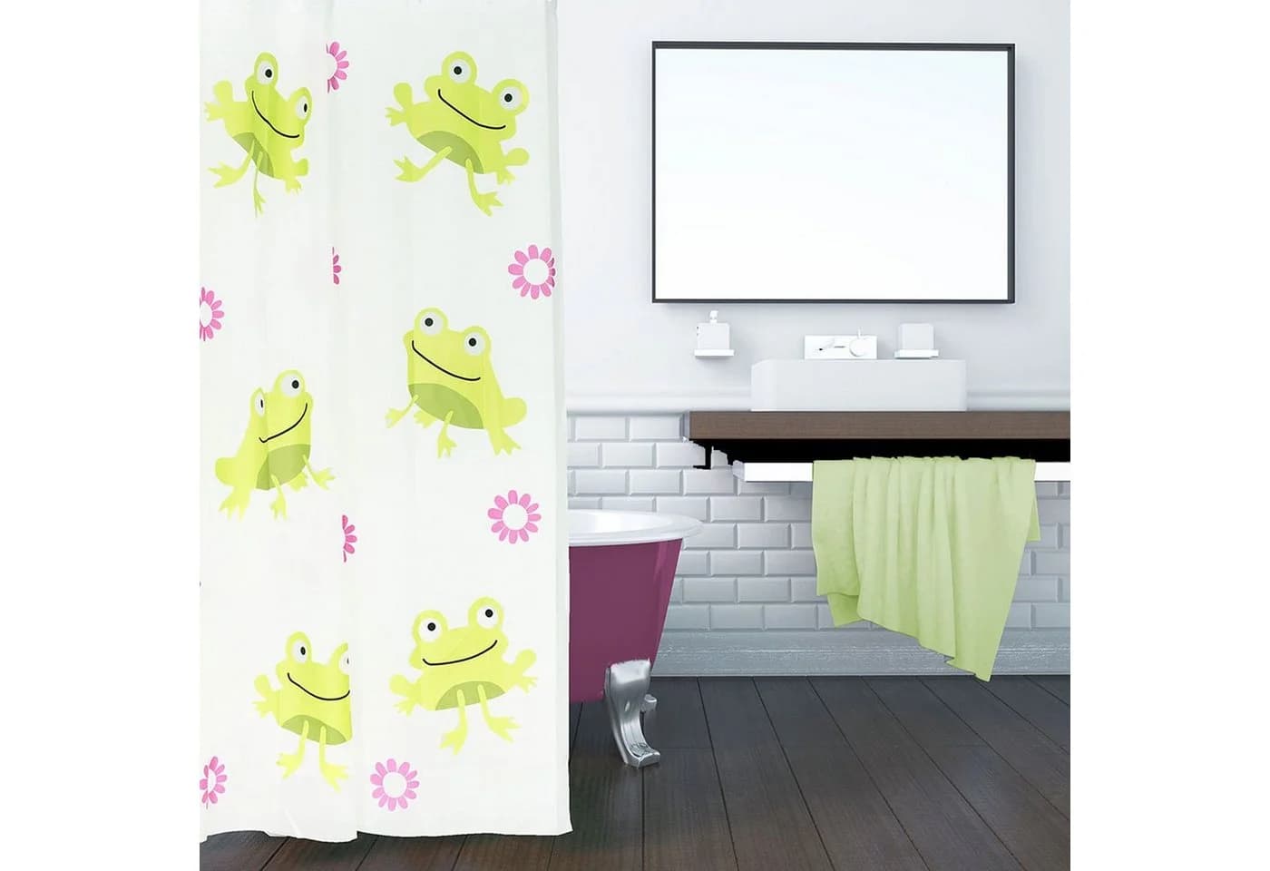 ZOLLNER Duschvorhang Set Bunt mit Fröschen und Blumen - Bild 3