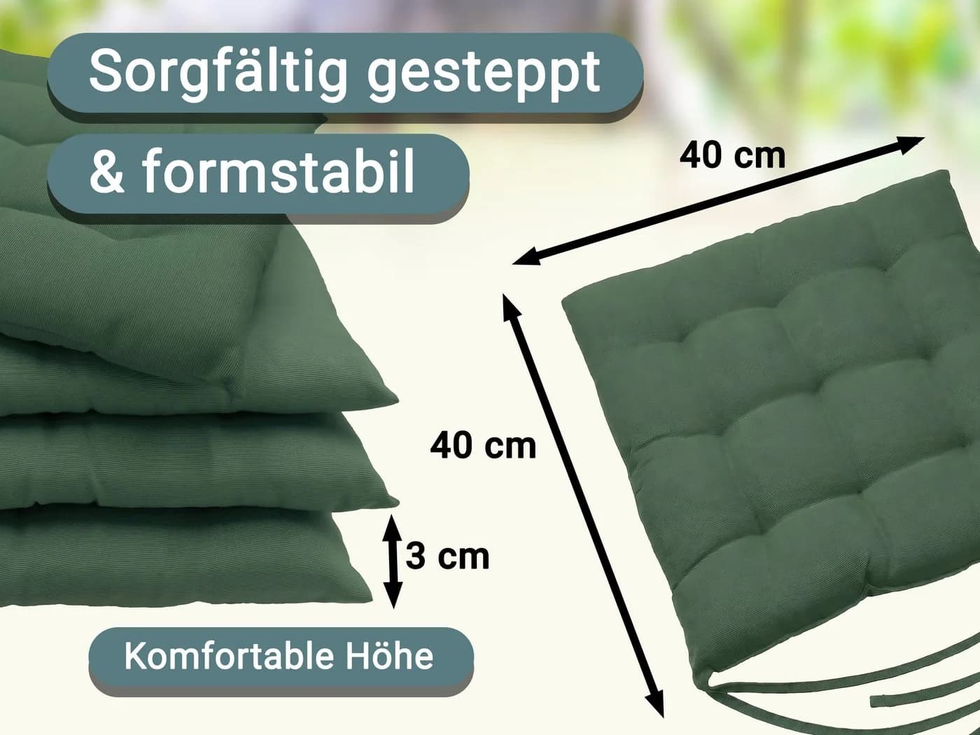 ZOLLNER Stuhlkissen 40x40 cm 4er Set Grün mit Bindebändern - Bild 4
