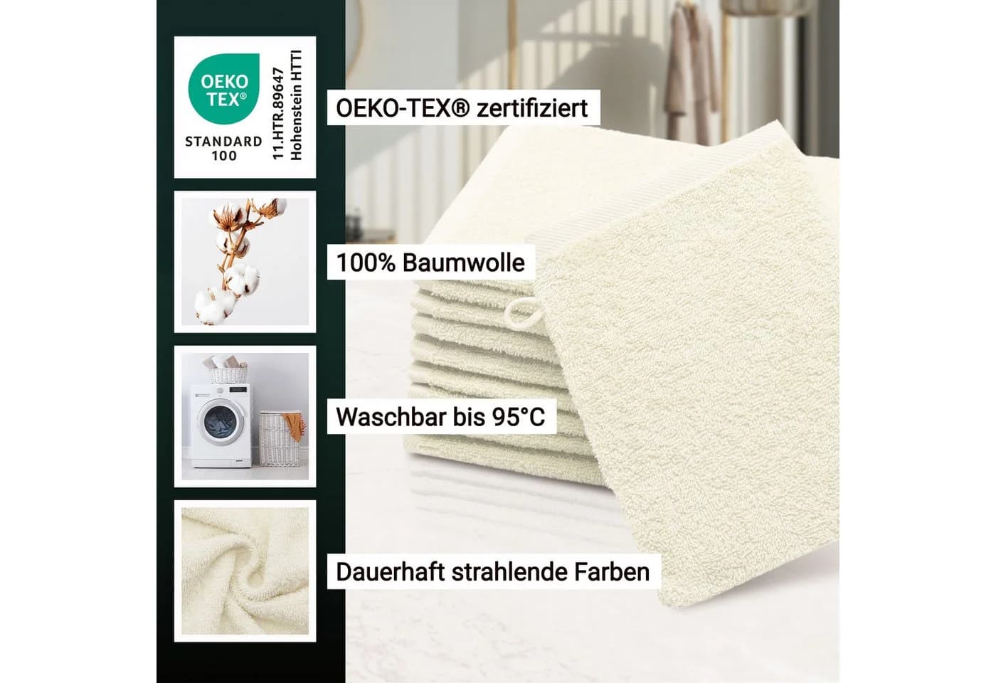 ZOLLNER Waschlappen 10er-Pack 16x21 cm 100% Baumwolle Braun - Bild 3