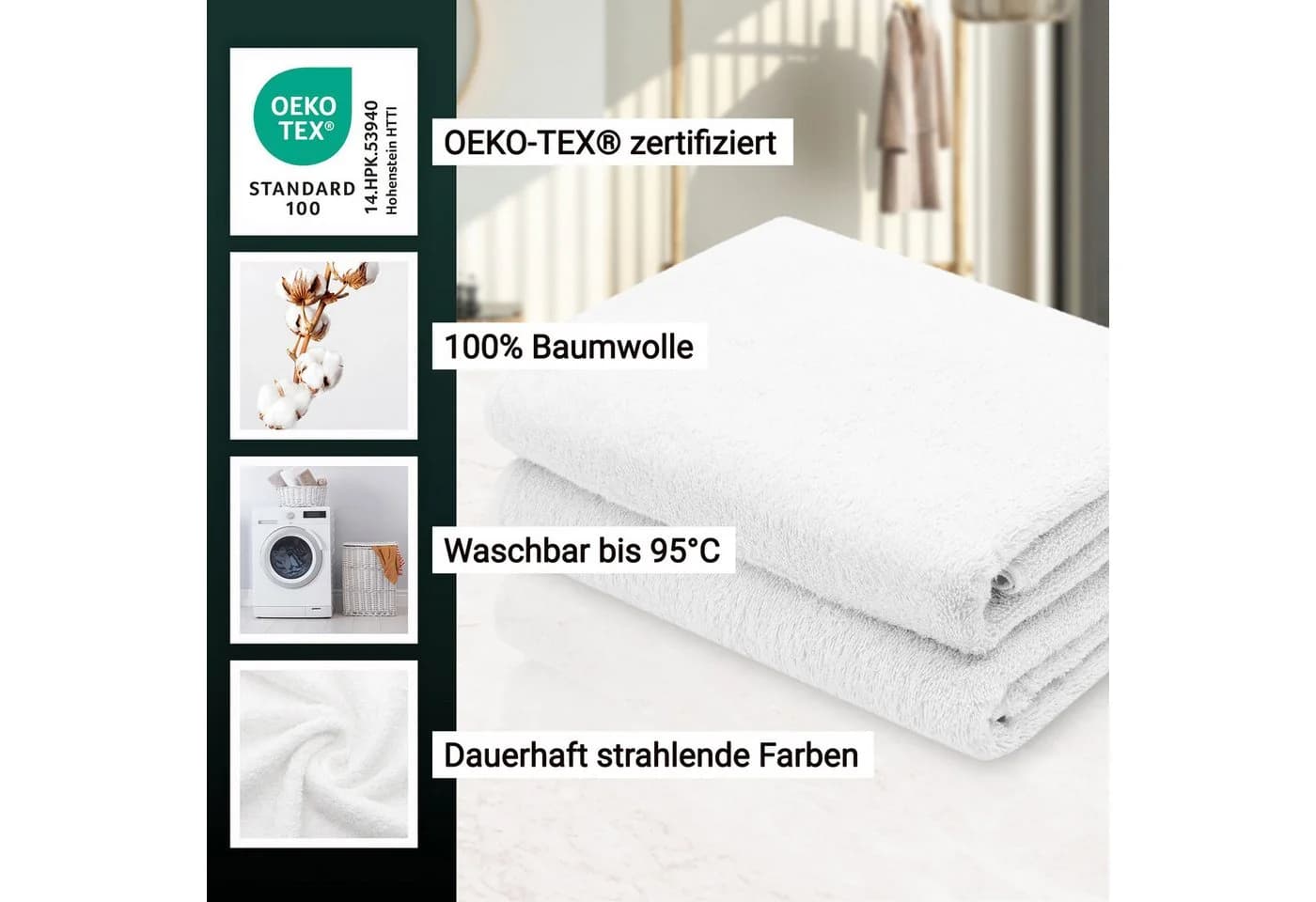 ZOLLNER Duschtücher Walkfrottier 2er Pack Weiß 100% Baumwolle - Bild 4