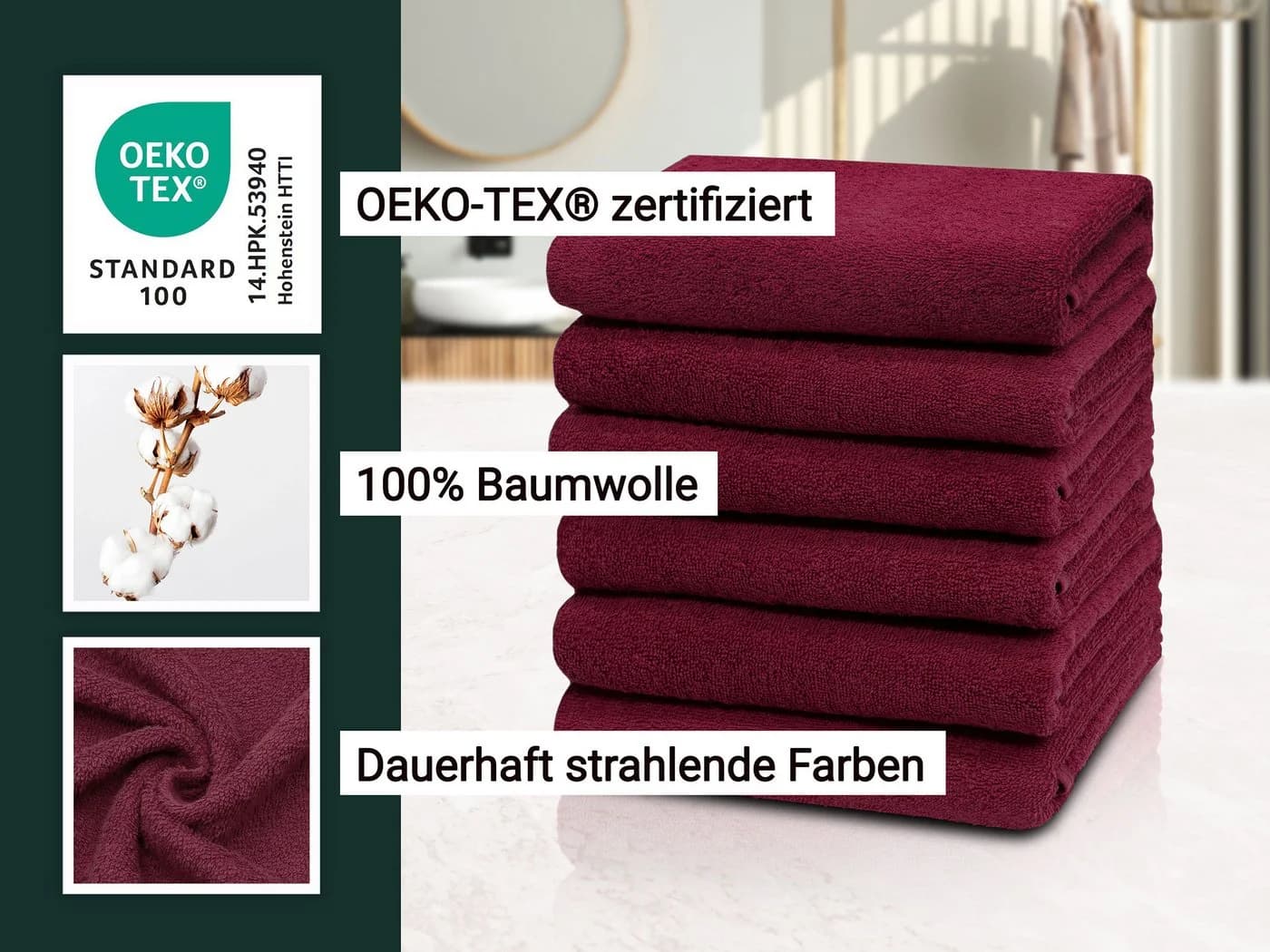 ZOLLNER Handtuch 50x100 cm 100% Baumwolle Rot Walkfrottier - Bild 4