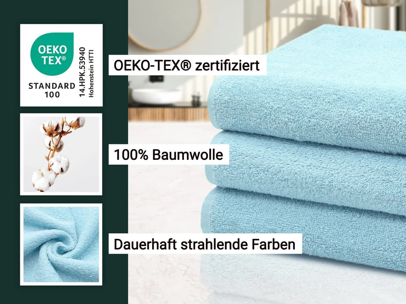 ZOLLNER Duschtücher 3-Stück Walkfrottier Hellblau 100% Baumwolle - Bild 4