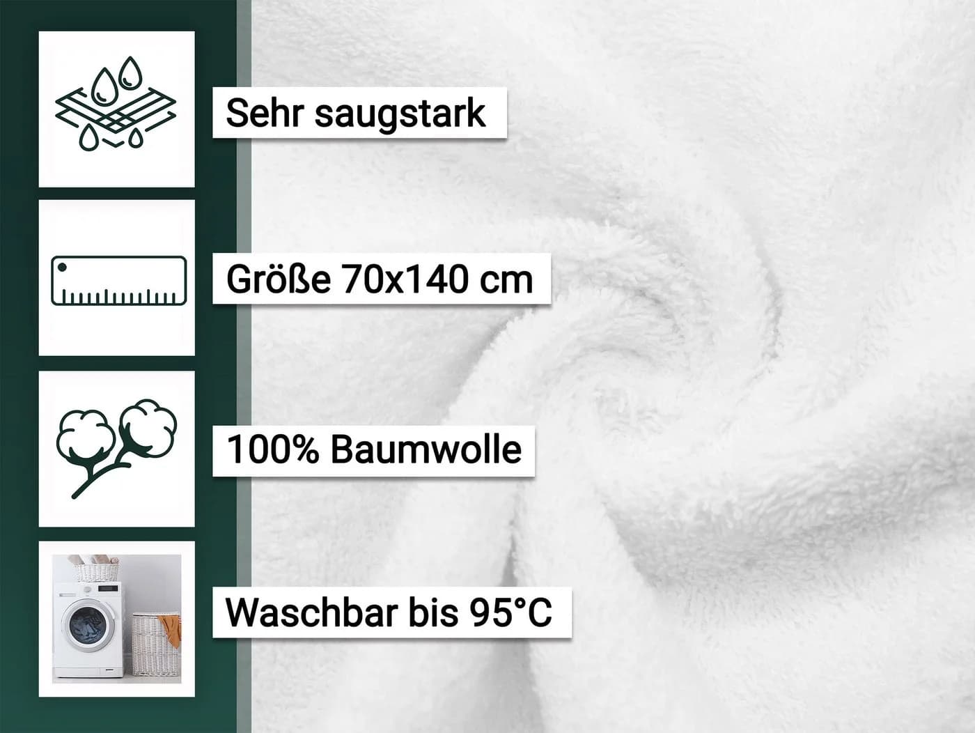 ZOLLNER Duschtücher Walkfrottier 100% Baumwolle 70x140cm - Bild 4
