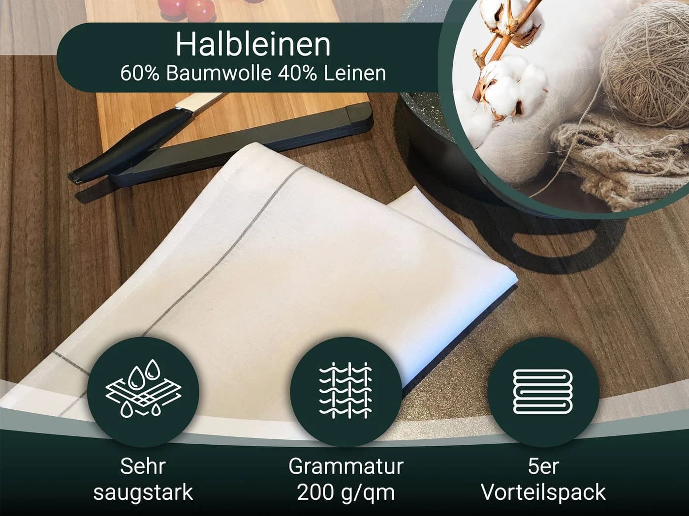 ZOLLNER Geschirrtuch 5-tlg. Weiß-Grau Baumwolle Leinen - Bild 4